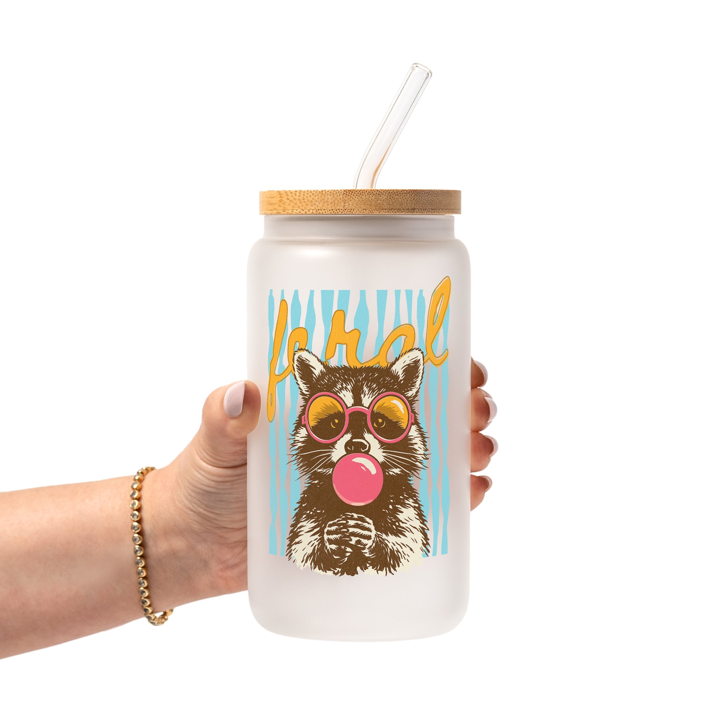Retro Feral Raccoon Glass Cup, Mug & Tumbler with Lid and Straw