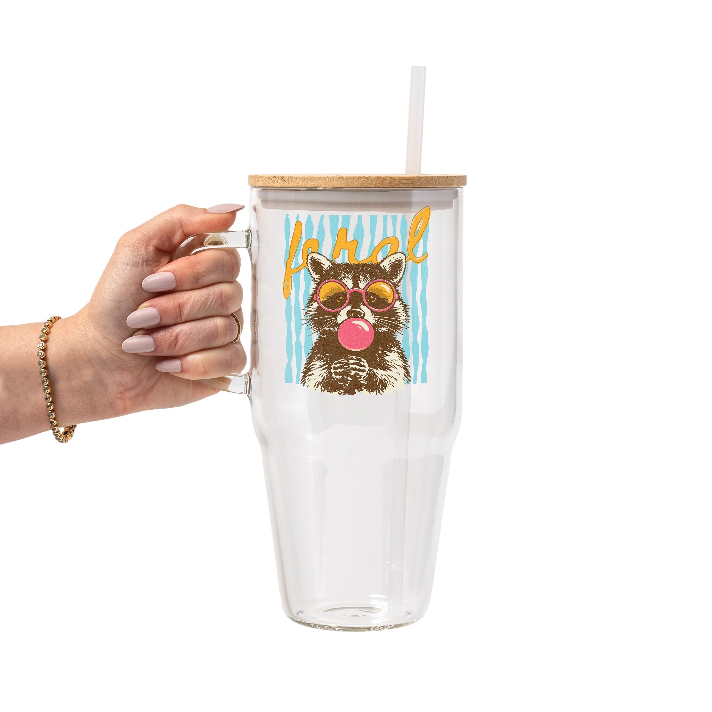 Retro Feral Raccoon Glass Cup, Mug & Tumbler with Lid and Straw