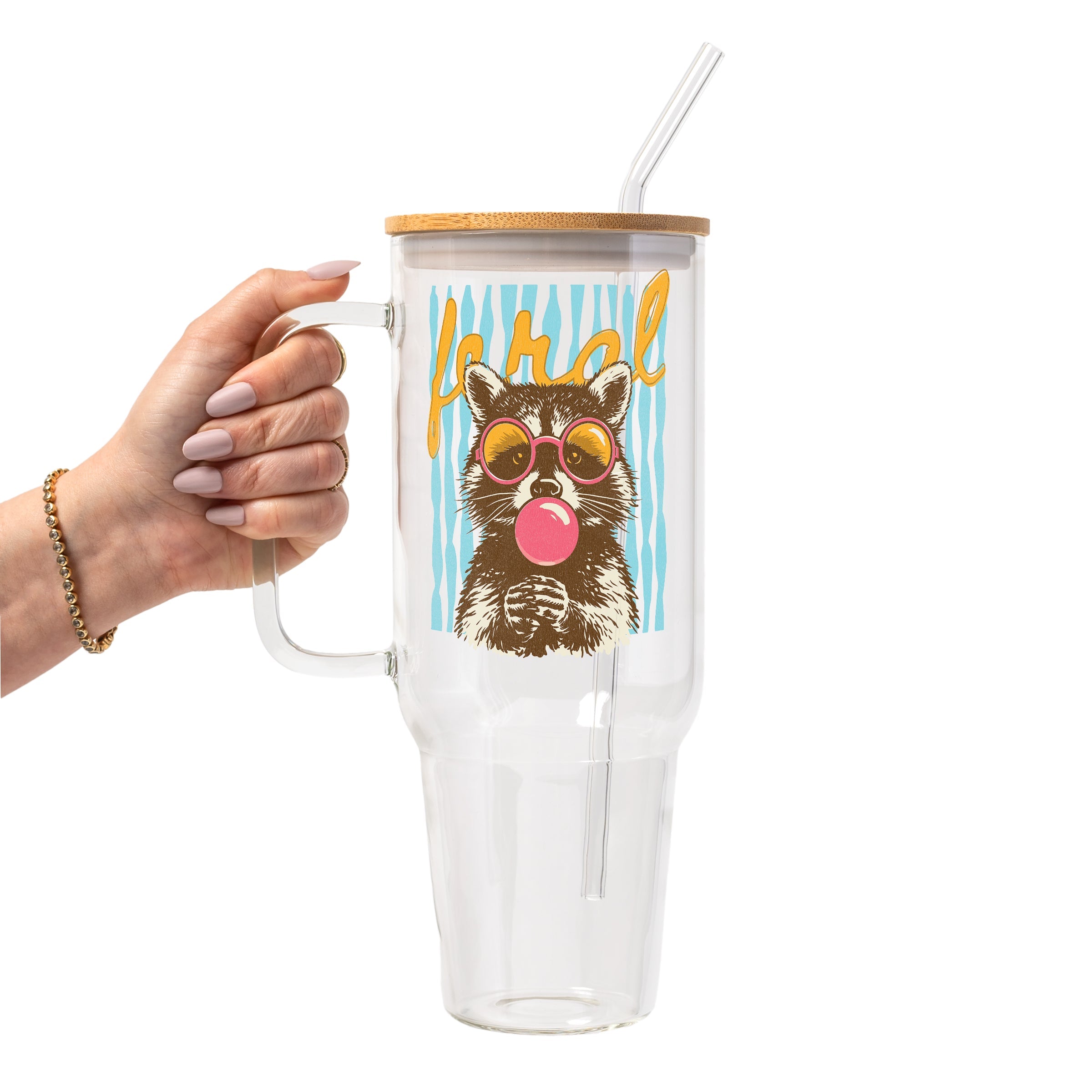 Retro Feral Raccoon Glass Cup, Mug & Tumbler with Lid and Straw