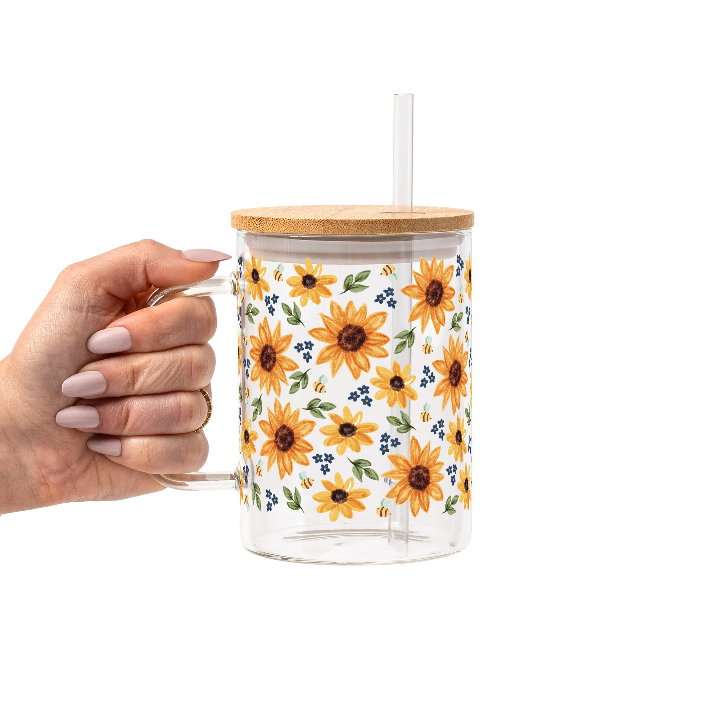 Sunflower With Bees Glass Cup, Mug & Tumbler with Lid and Straw