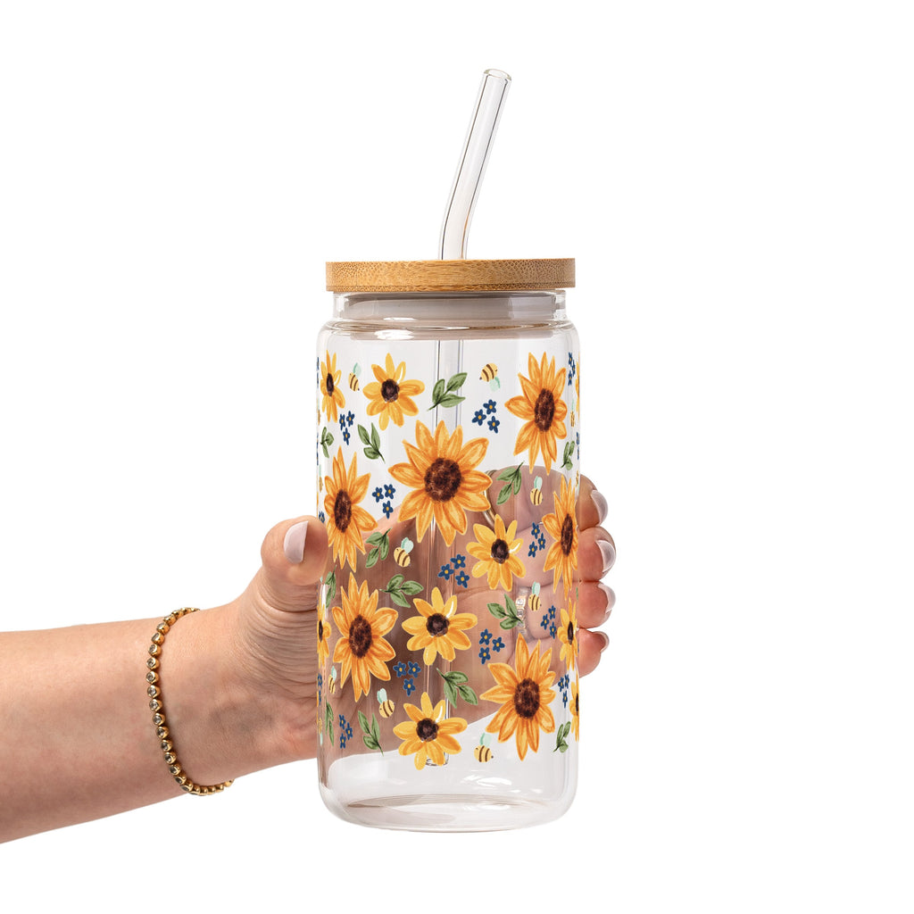 Sunflower With Bees Glass Cup, Mug & Tumbler with Lid and Straw