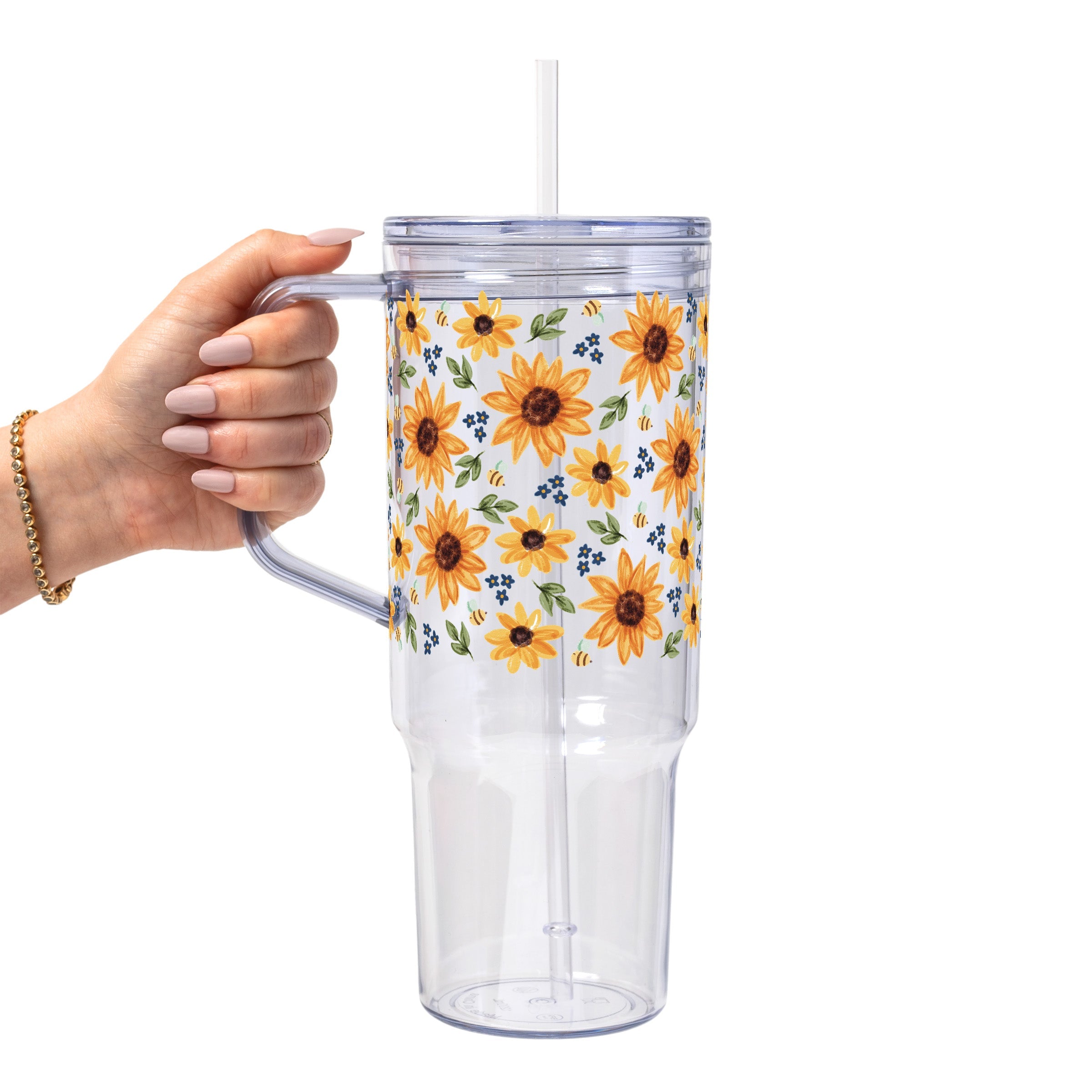 Sunflower With Bees Glass Cup, Mug & Tumbler with Lid and Straw