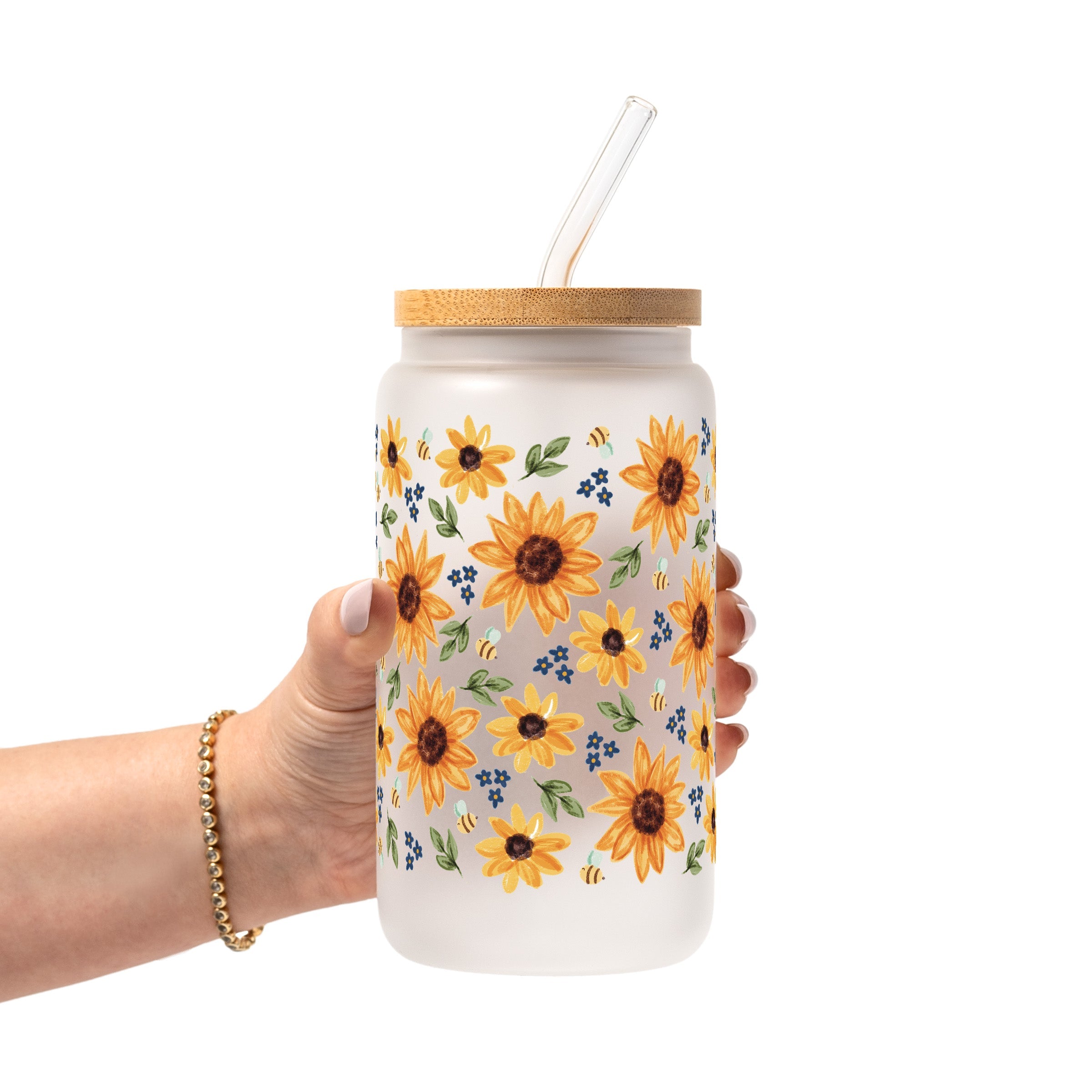 Sunflower With Bees Glass Cup, Mug & Tumbler with Lid and Straw