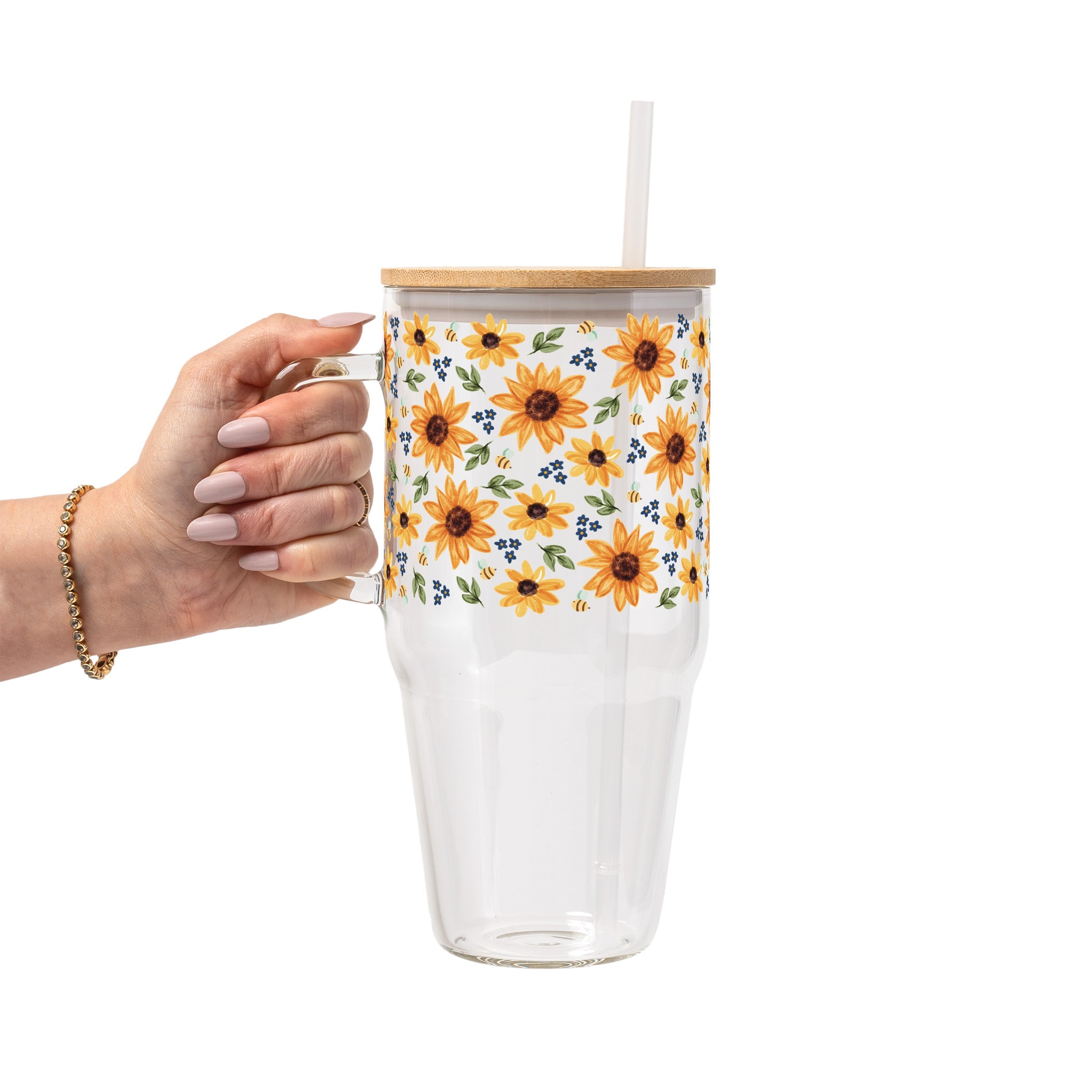 Sunflower With Bees Glass Cup, Mug & Tumbler with Lid and Straw