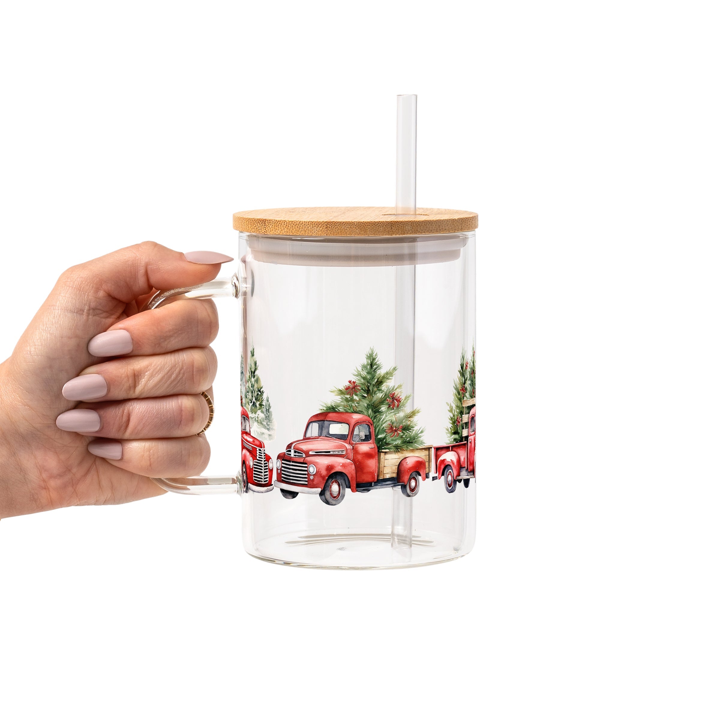 Red Christmas Trucks Glass Cup, Mug & Tumbler with Lid and Straw
