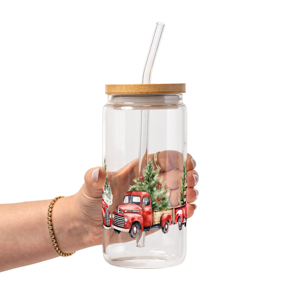 Red Christmas Trucks Glass Cup, Mug & Tumbler with Lid and Straw