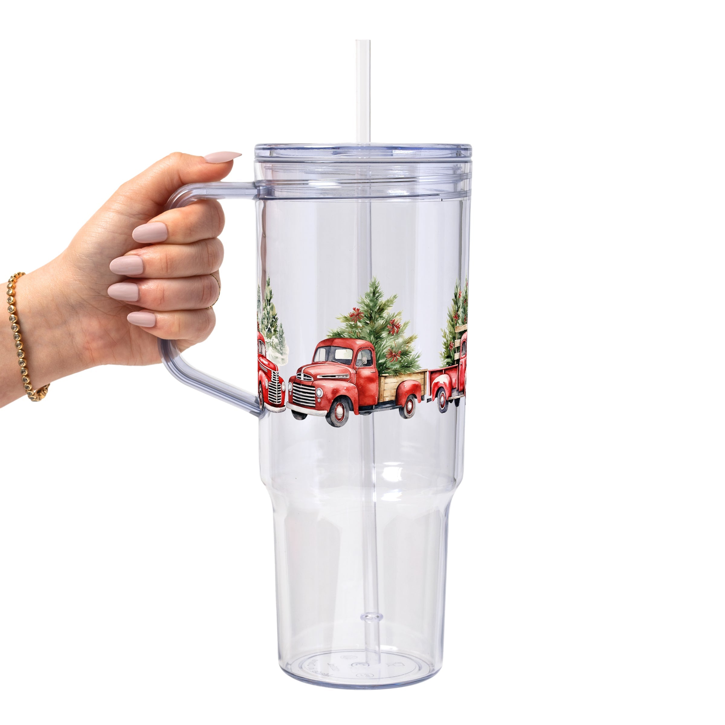 Red Christmas Trucks Glass Cup, Mug & Tumbler with Lid and Straw