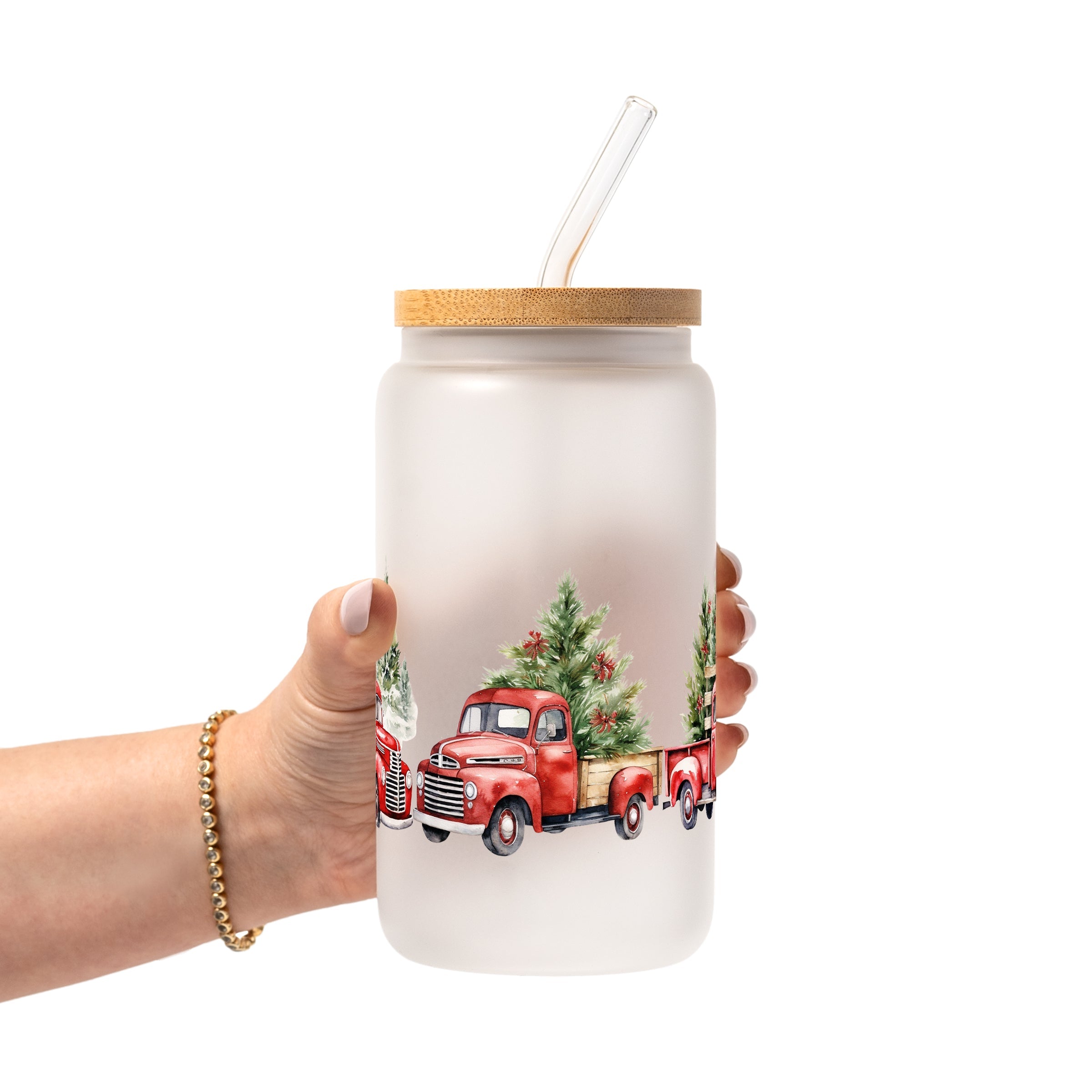 Red Christmas Trucks Glass Cup, Mug & Tumbler with Lid and Straw