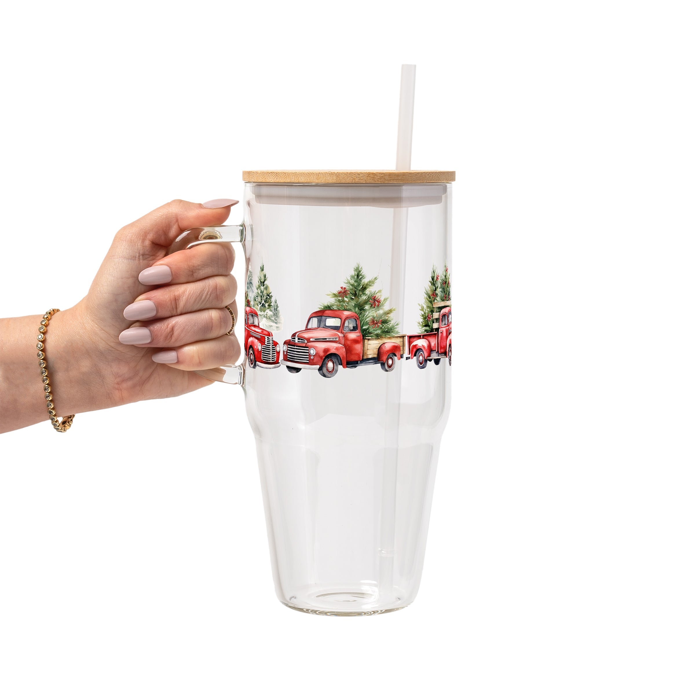 Red Christmas Trucks Glass Cup, Mug & Tumbler with Lid and Straw