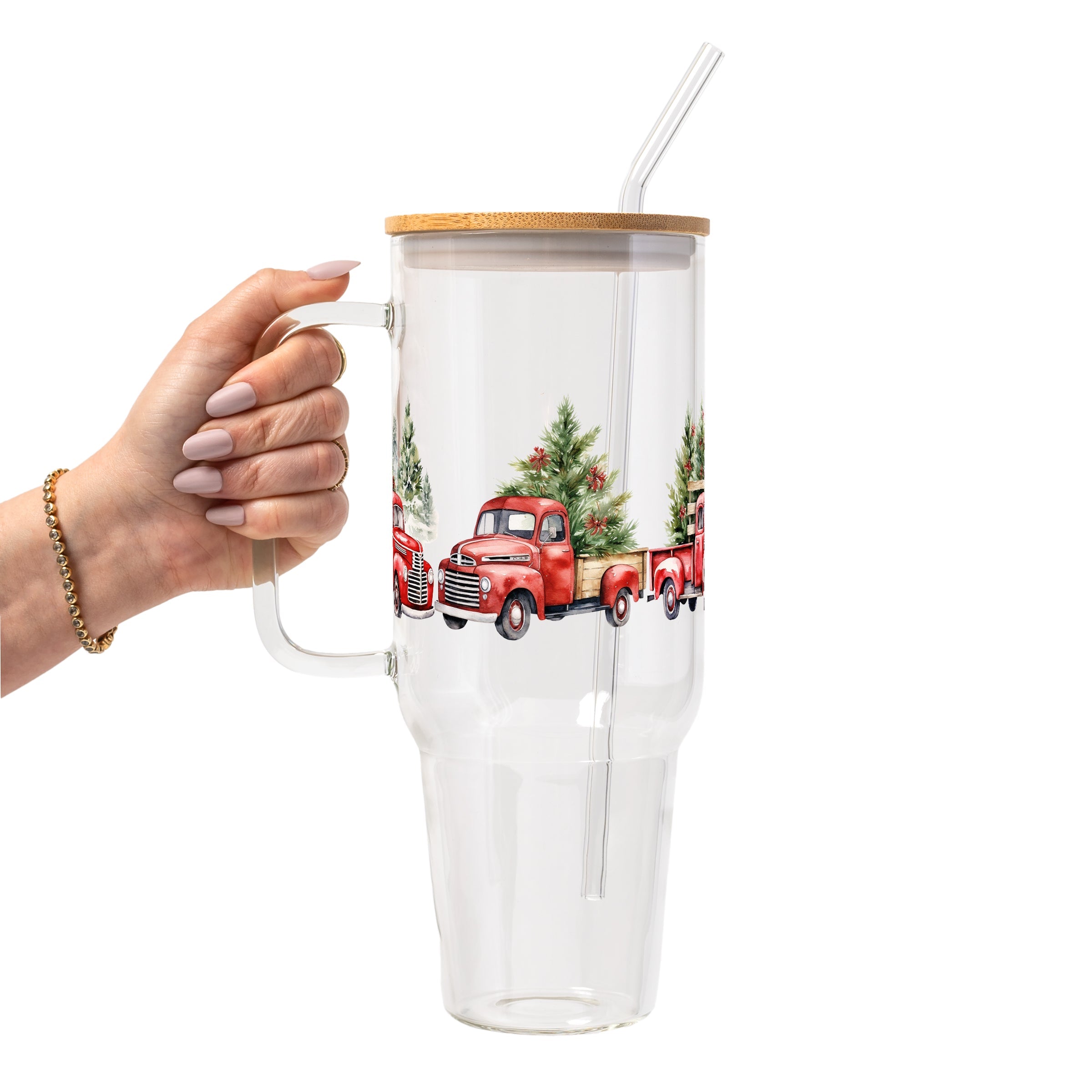 Red Christmas Trucks Glass Cup, Mug & Tumbler with Lid and Straw