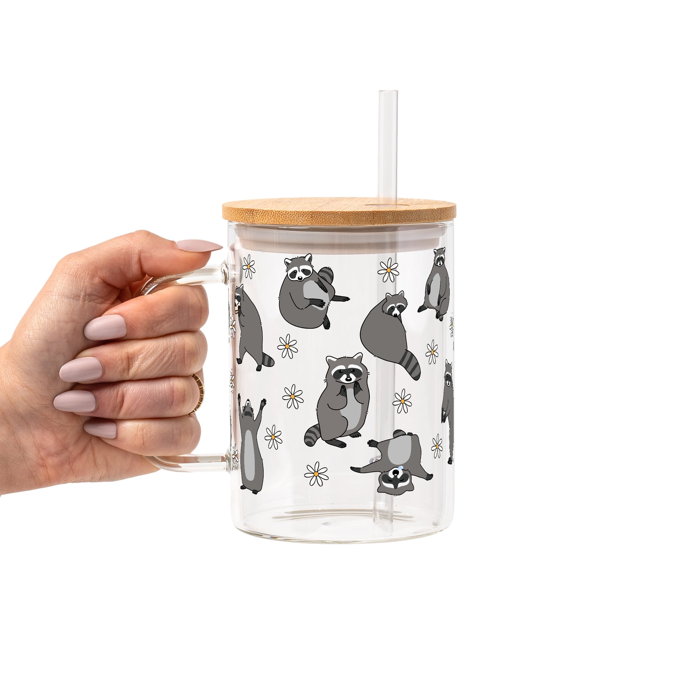 Coffee Loving Raccoon Glass Cup, Mug & Tumbler with Lid and Straw