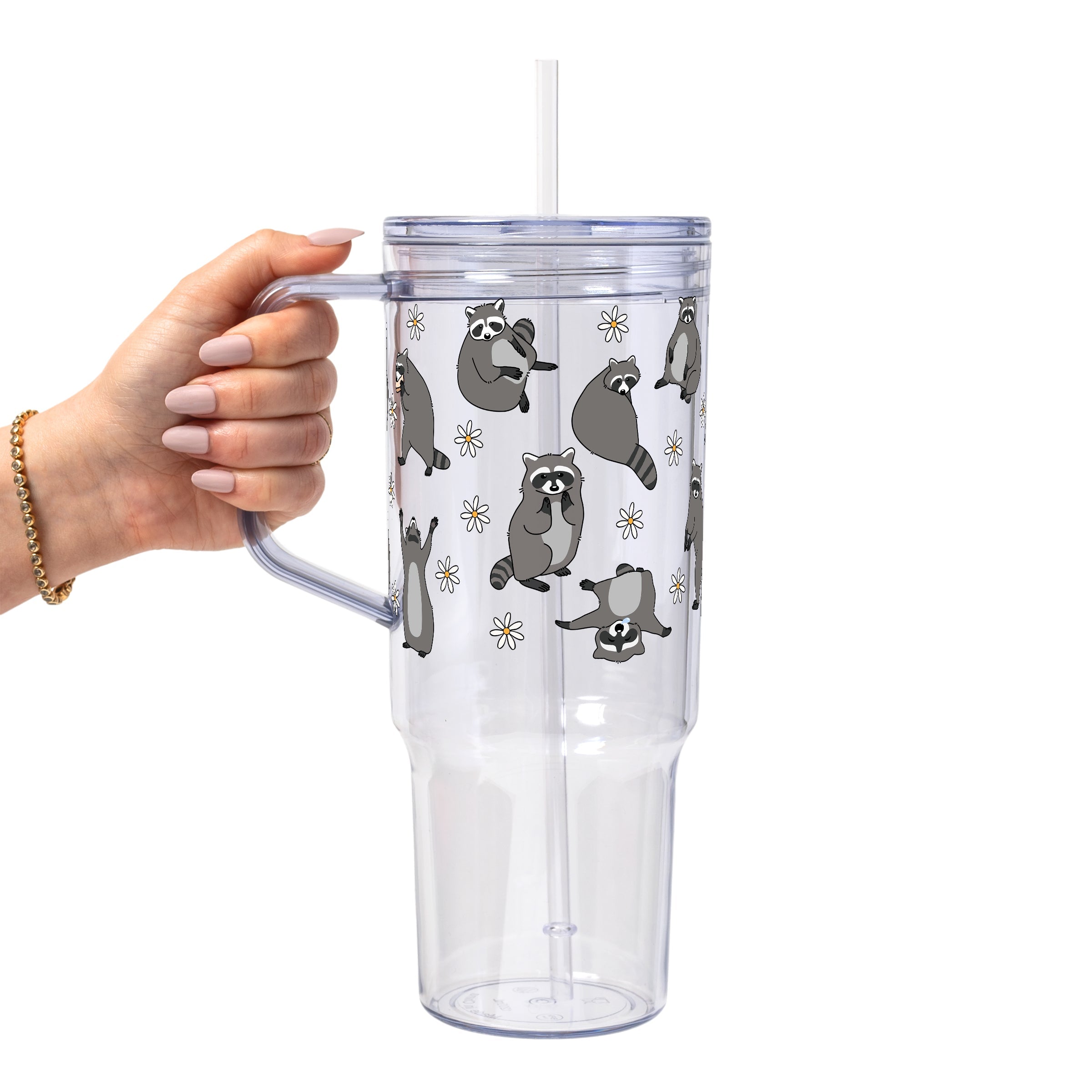 Coffee Loving Raccoon Glass Cup, Mug & Tumbler with Lid and Straw