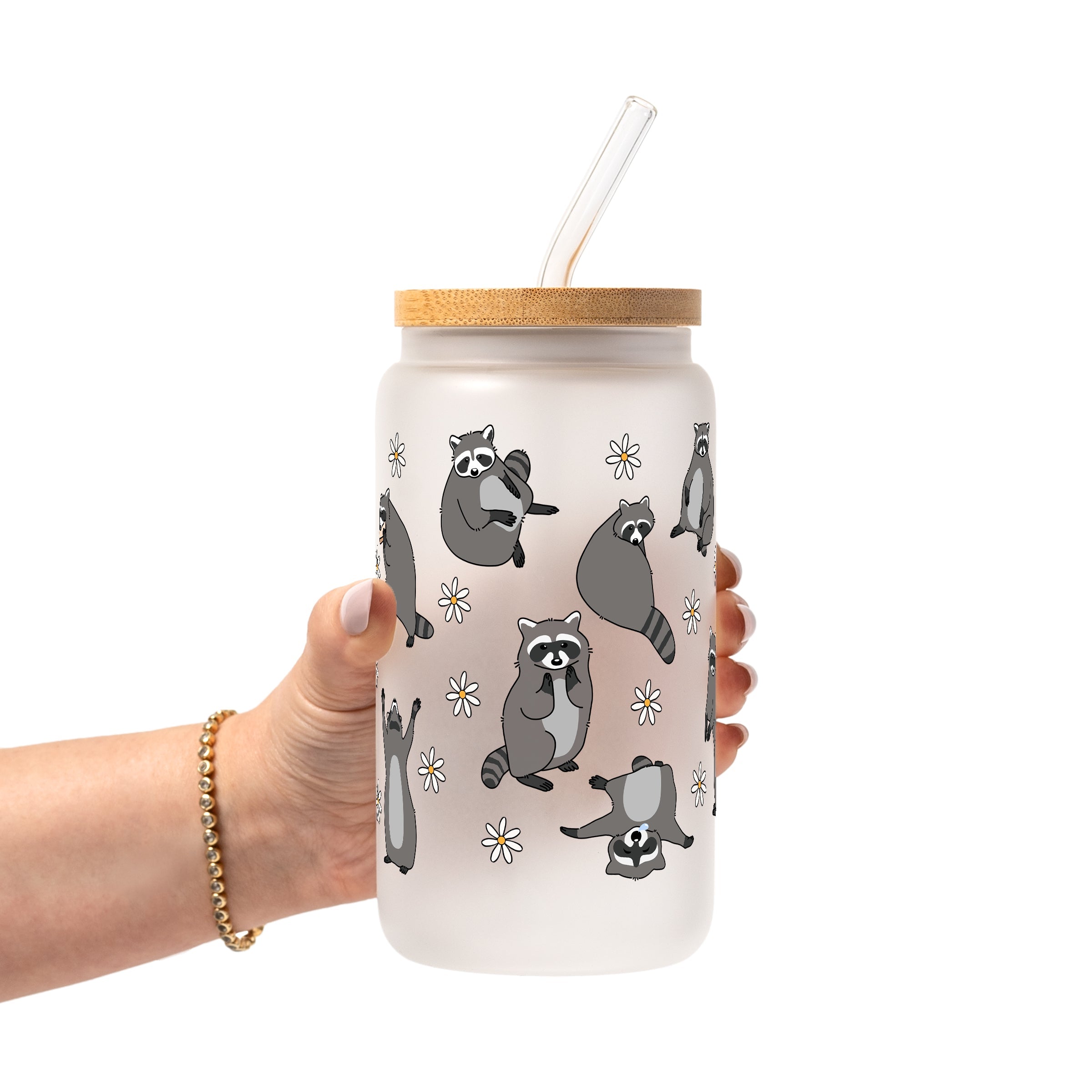 Coffee Loving Raccoon Glass Cup, Mug & Tumbler with Lid and Straw