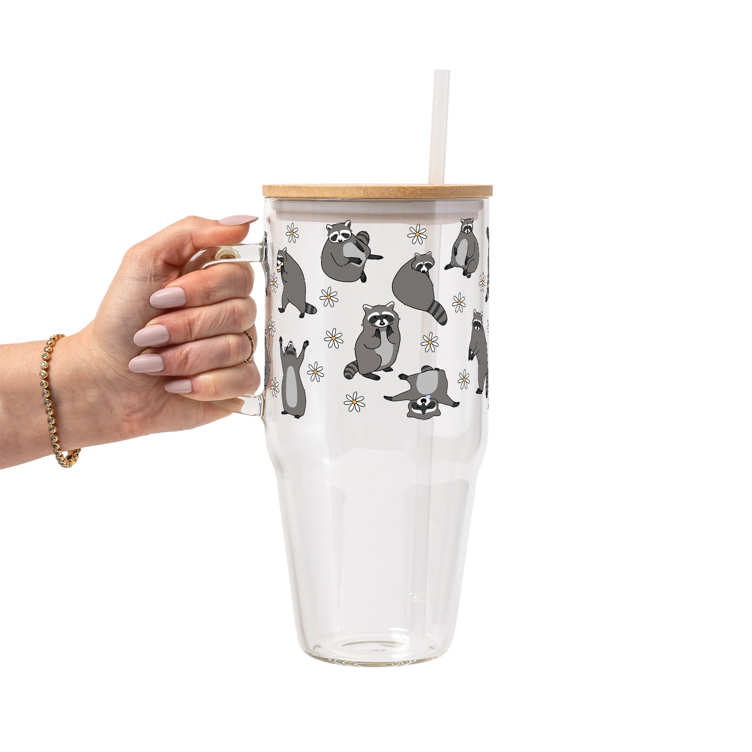 Coffee Loving Raccoon Glass Cup, Mug & Tumbler with Lid and Straw