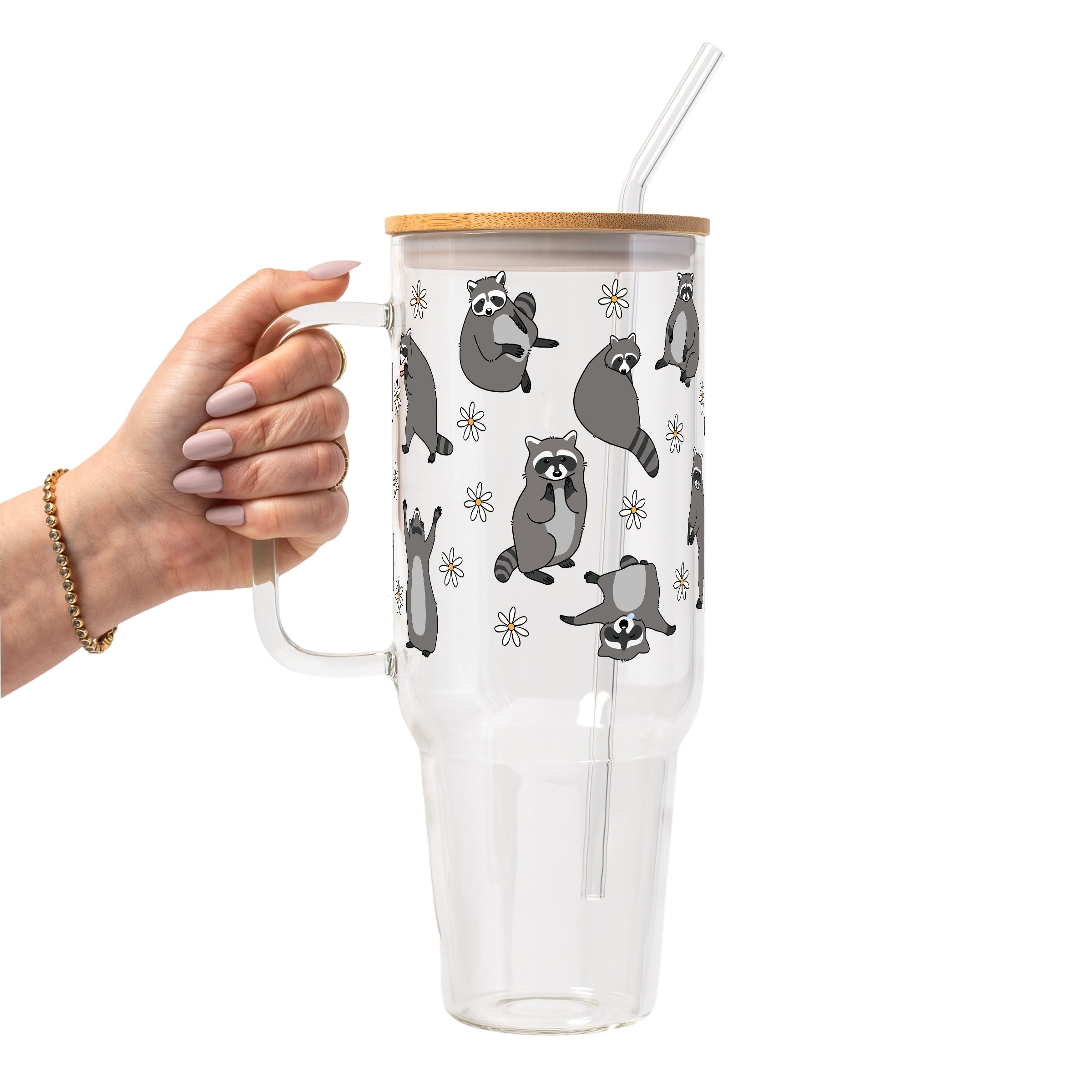 Coffee Loving Raccoon Glass Cup, Mug & Tumbler with Lid and Straw