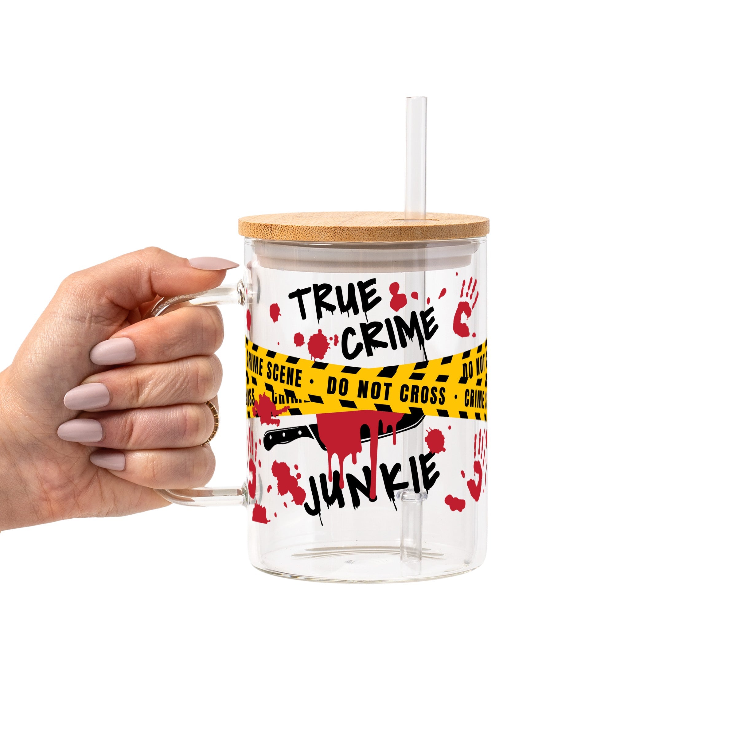 True Crime Junkie Glass Cup, Mug & Tumbler with Lid and Straw