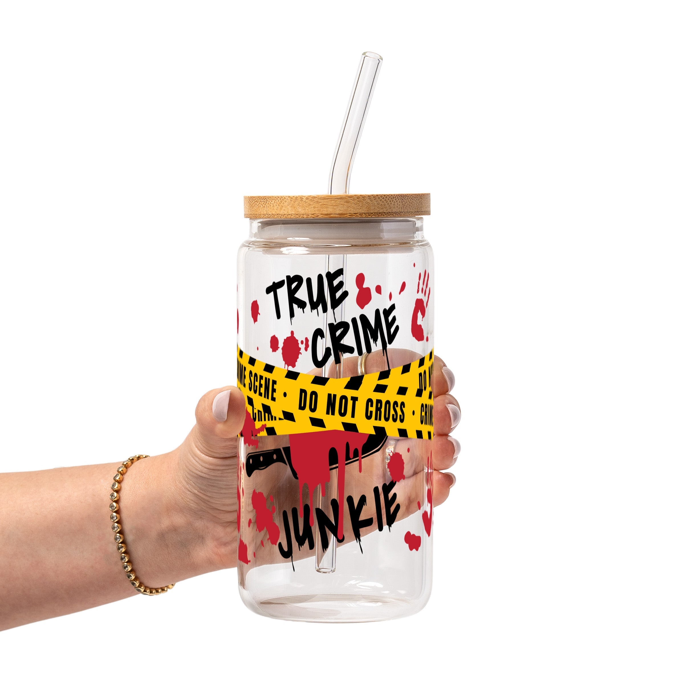 True Crime Junkie Glass Cup, Mug & Tumbler with Lid and Straw