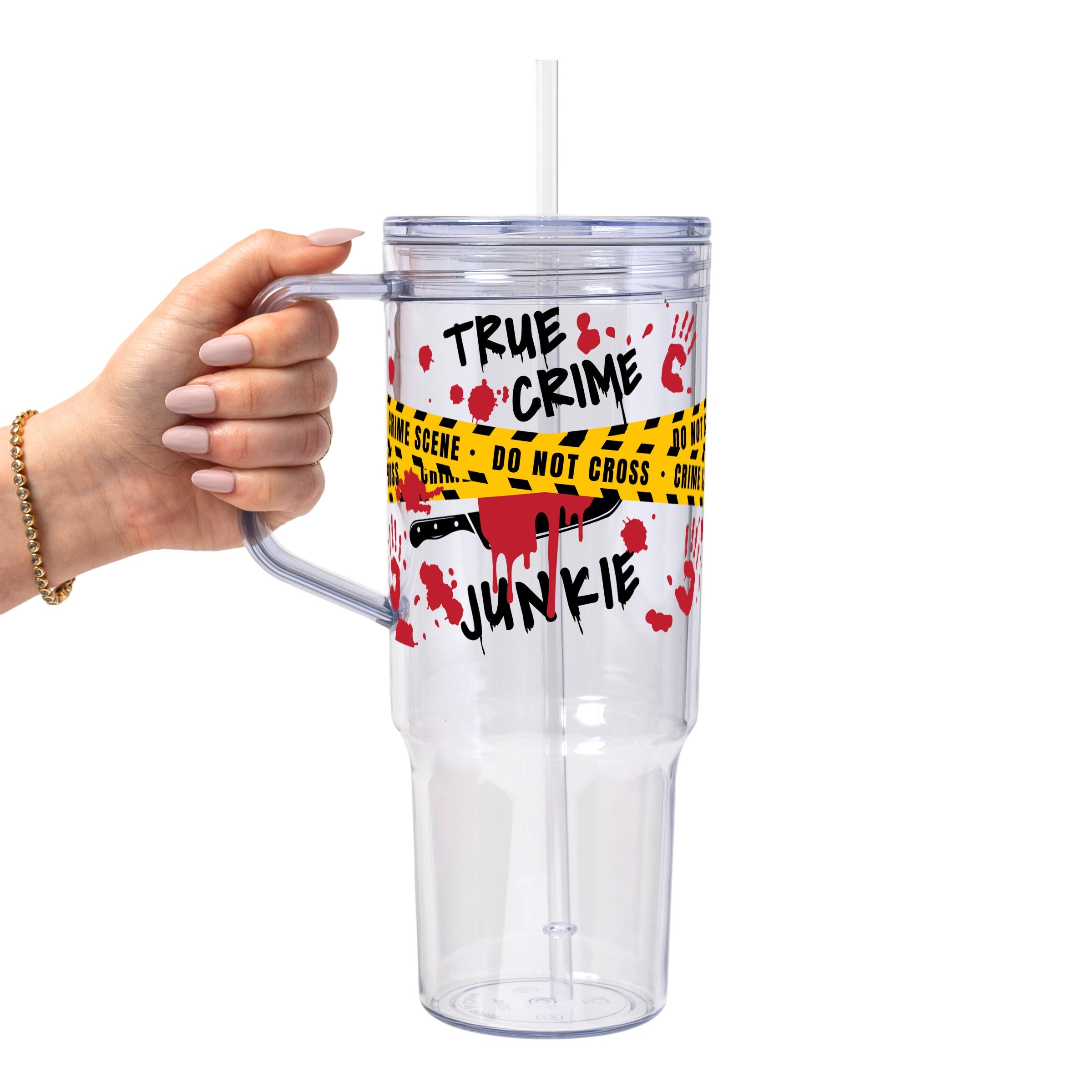 True Crime Junkie Glass Cup, Mug & Tumbler with Lid and Straw