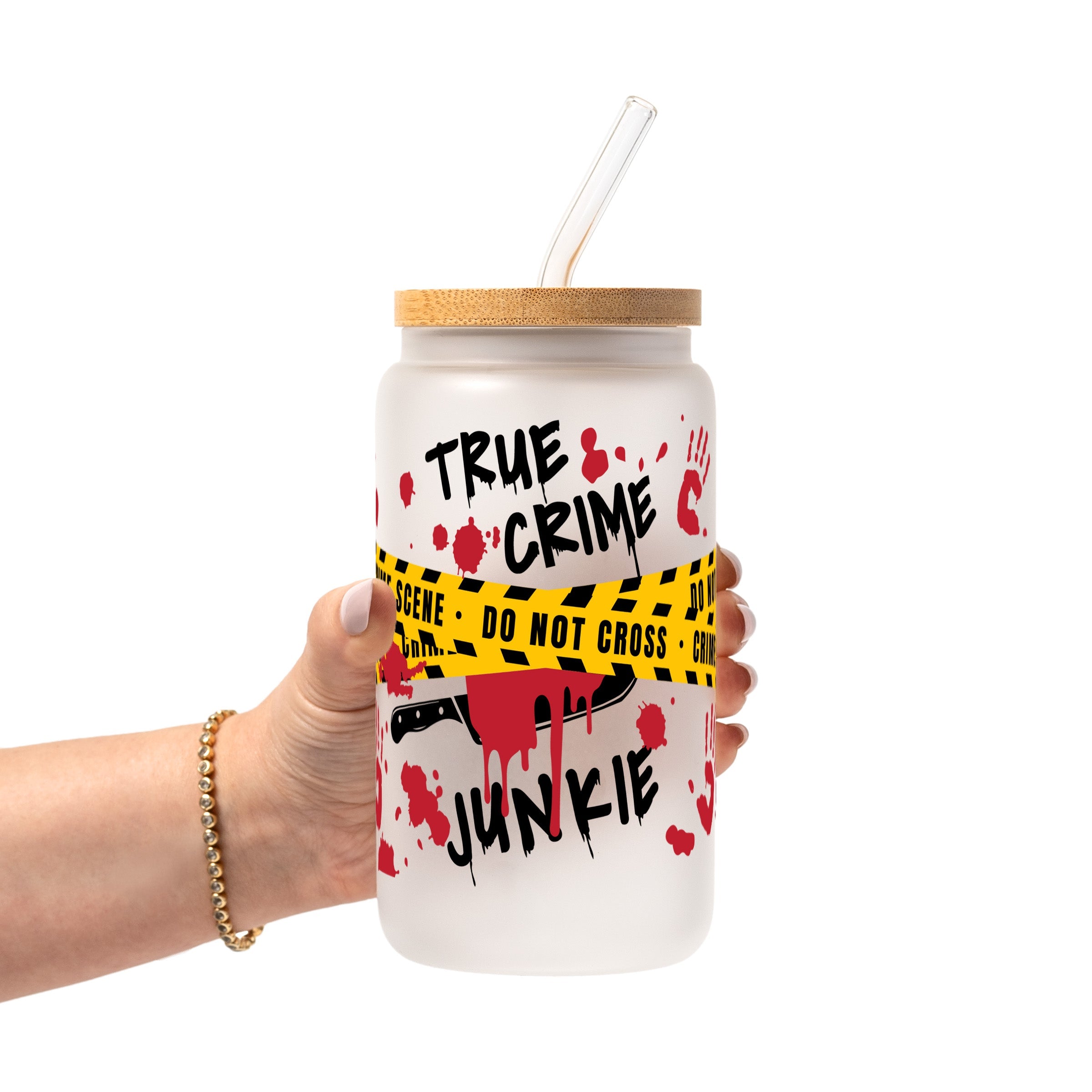 True Crime Junkie Glass Cup, Mug & Tumbler with Lid and Straw