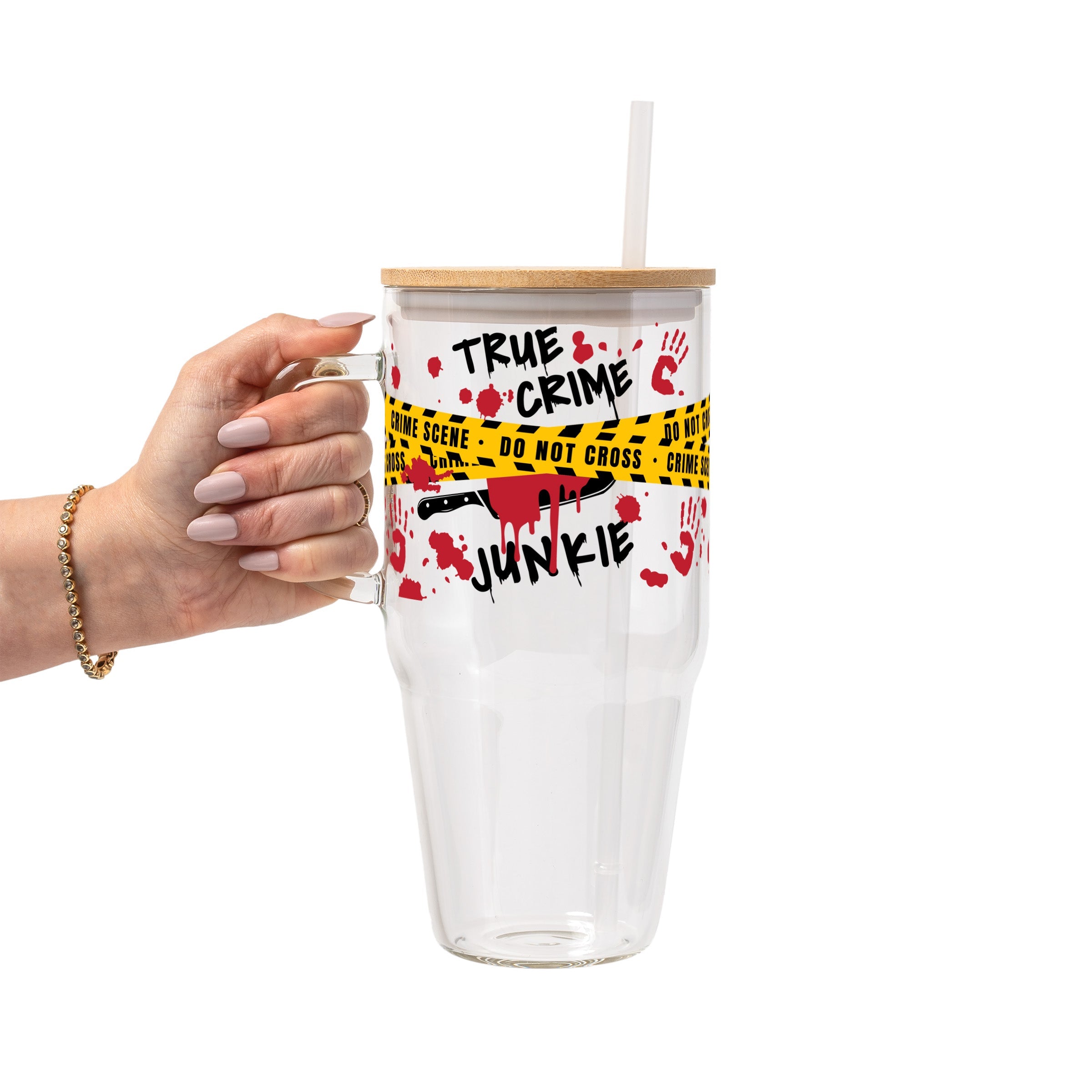 True Crime Junkie Glass Cup, Mug & Tumbler with Lid and Straw