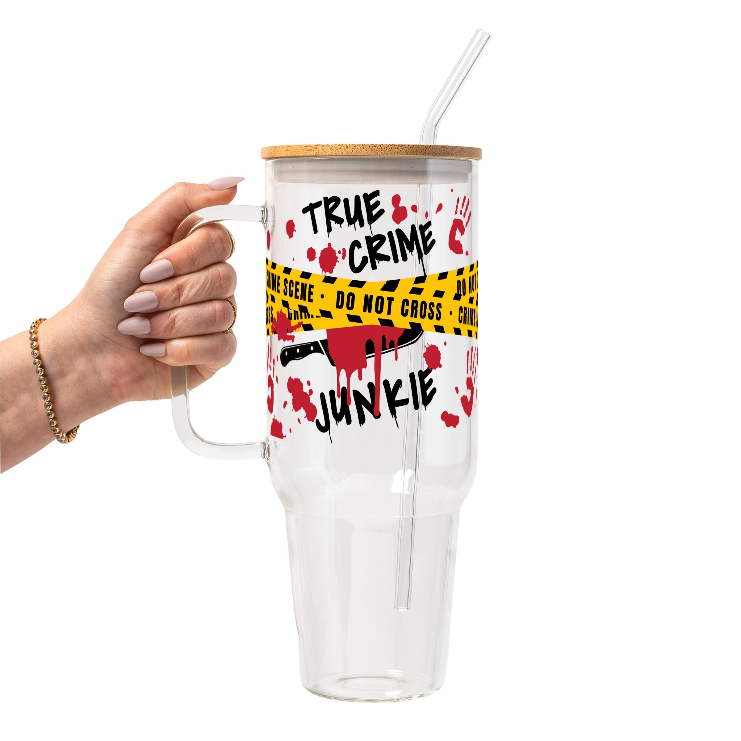True Crime Junkie Glass Cup, Mug & Tumbler with Lid and Straw