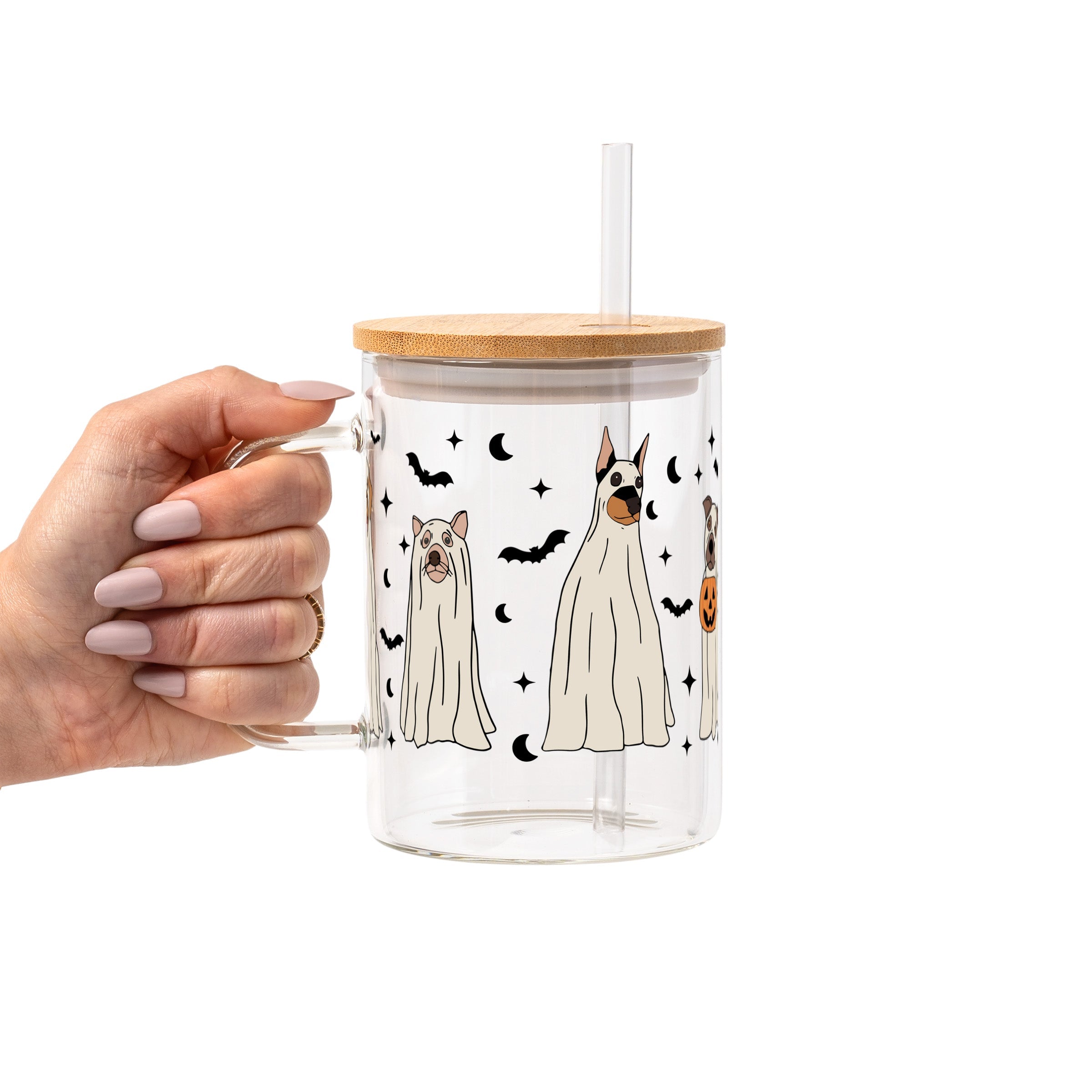 Ghost Dogs Halloween Glass Cup, Mug & Tumbler with Lid and Straw