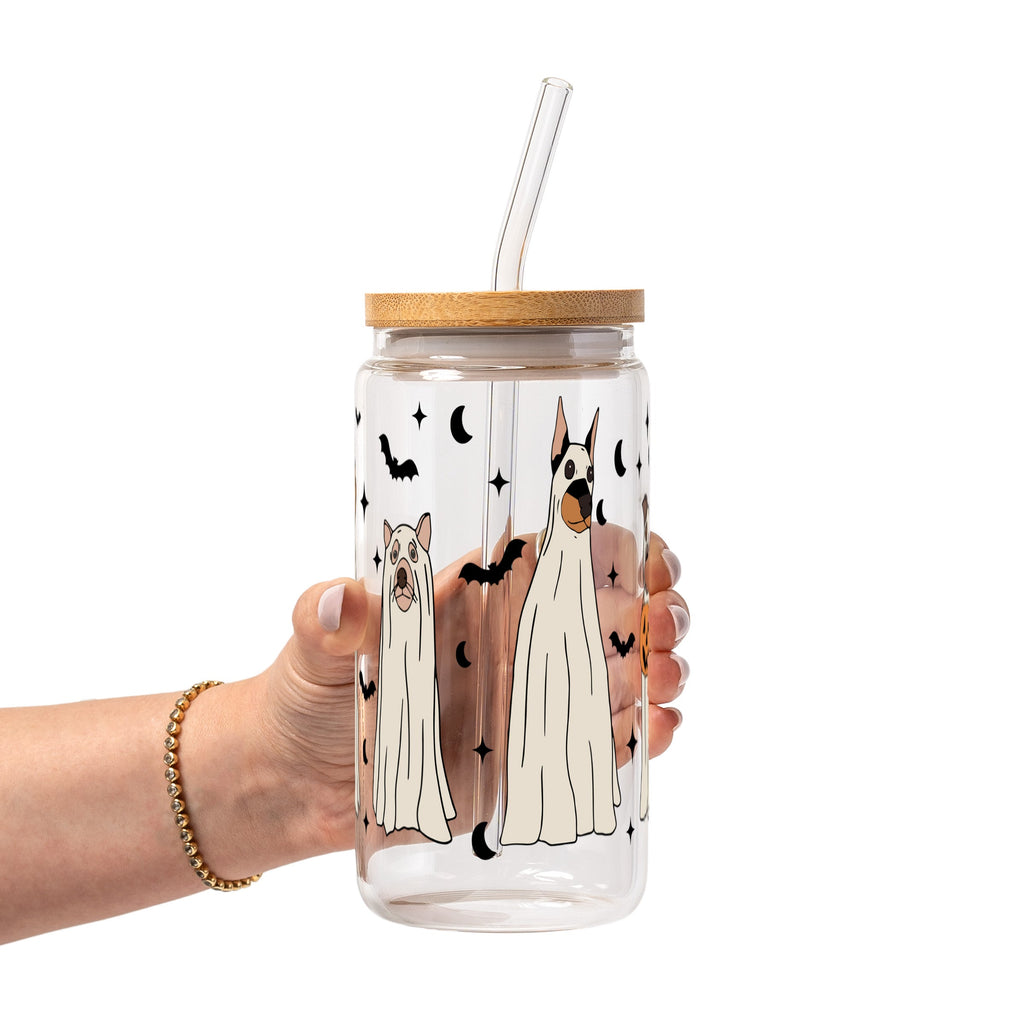 Ghost Dogs Halloween Glass Cup, Mug & Tumbler with Lid and Straw