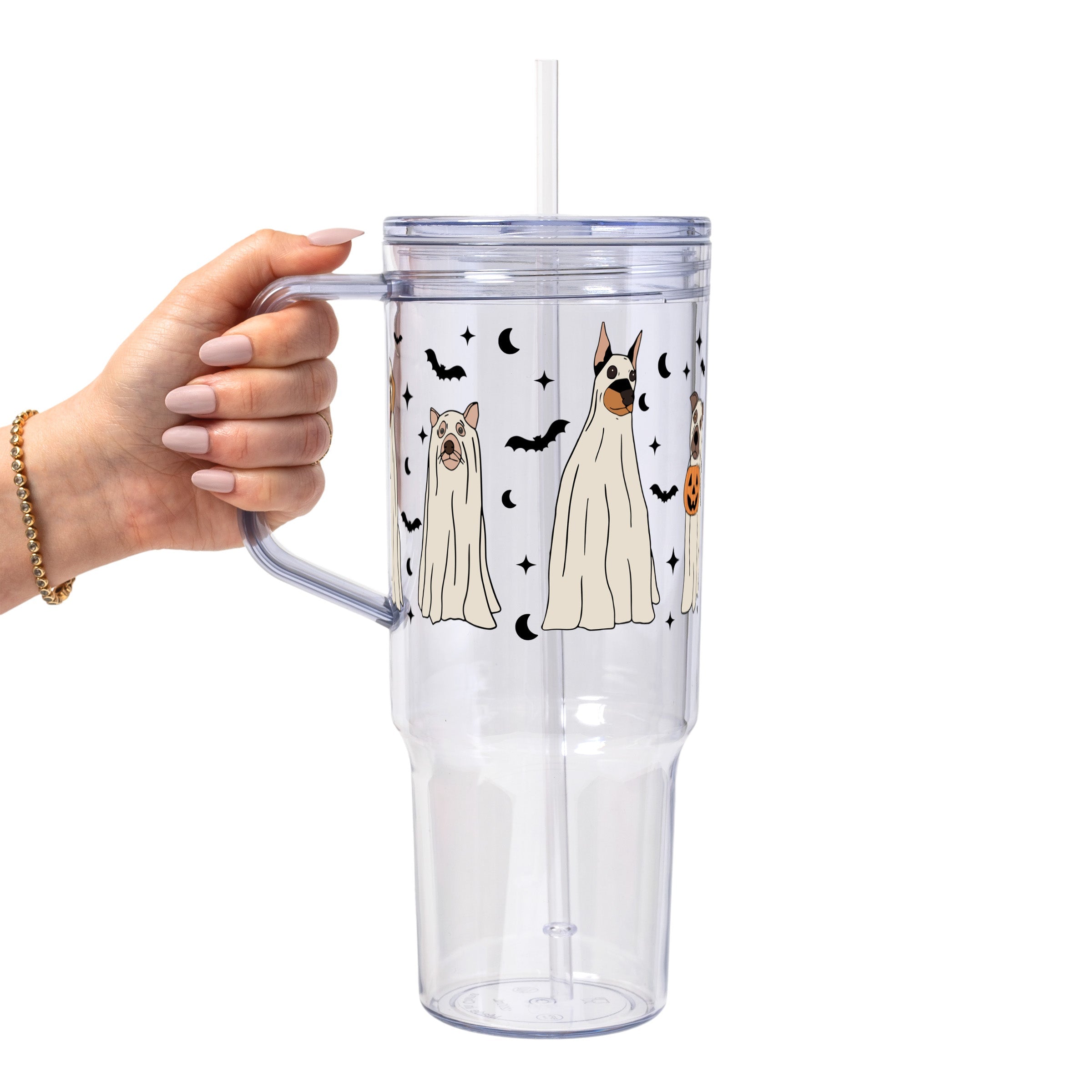 Ghost Dogs Halloween Glass Cup, Mug & Tumbler with Lid and Straw