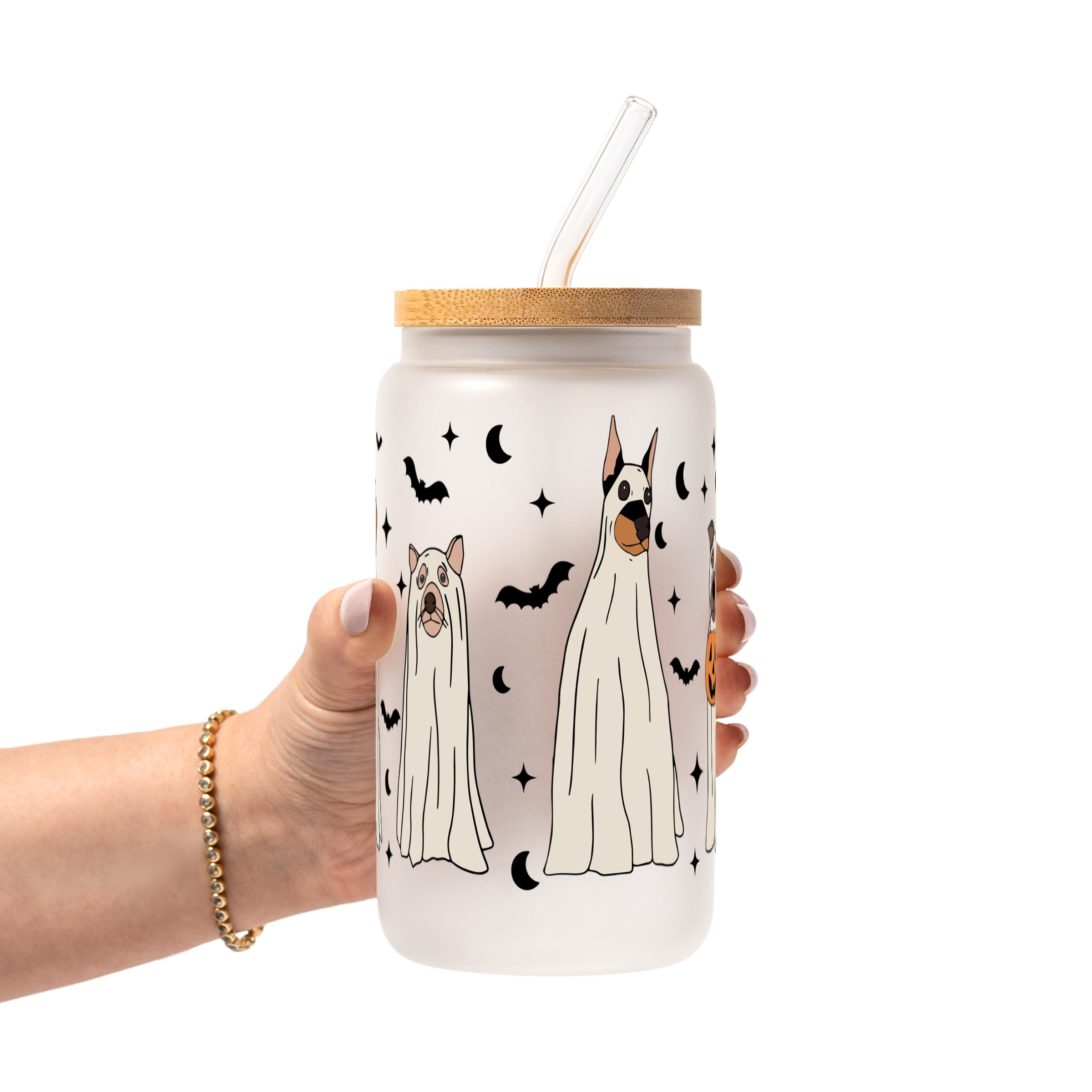 Ghost Dogs Halloween Glass Cup, Mug & Tumbler with Lid and Straw