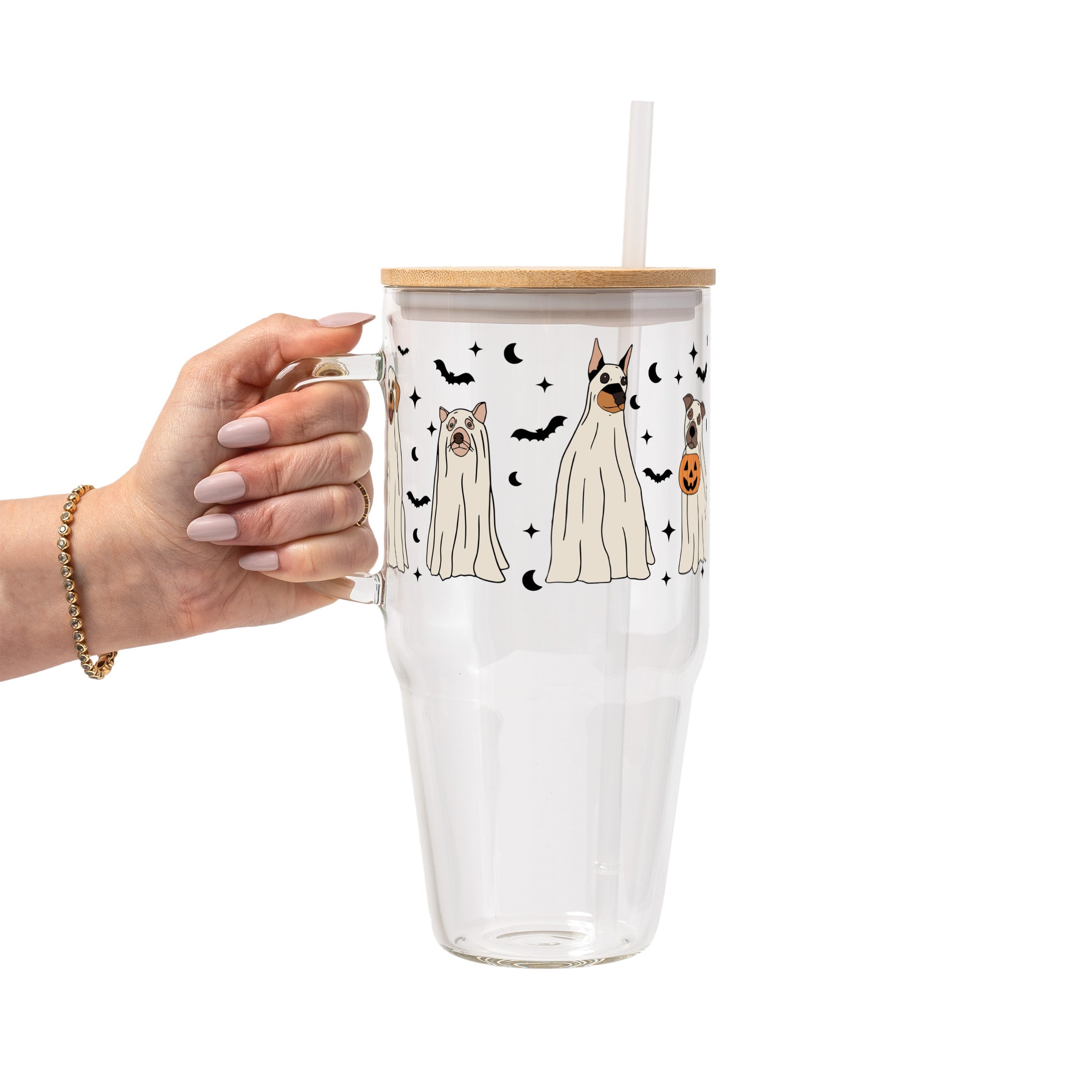 Ghost Dogs Halloween Glass Cup, Mug & Tumbler with Lid and Straw