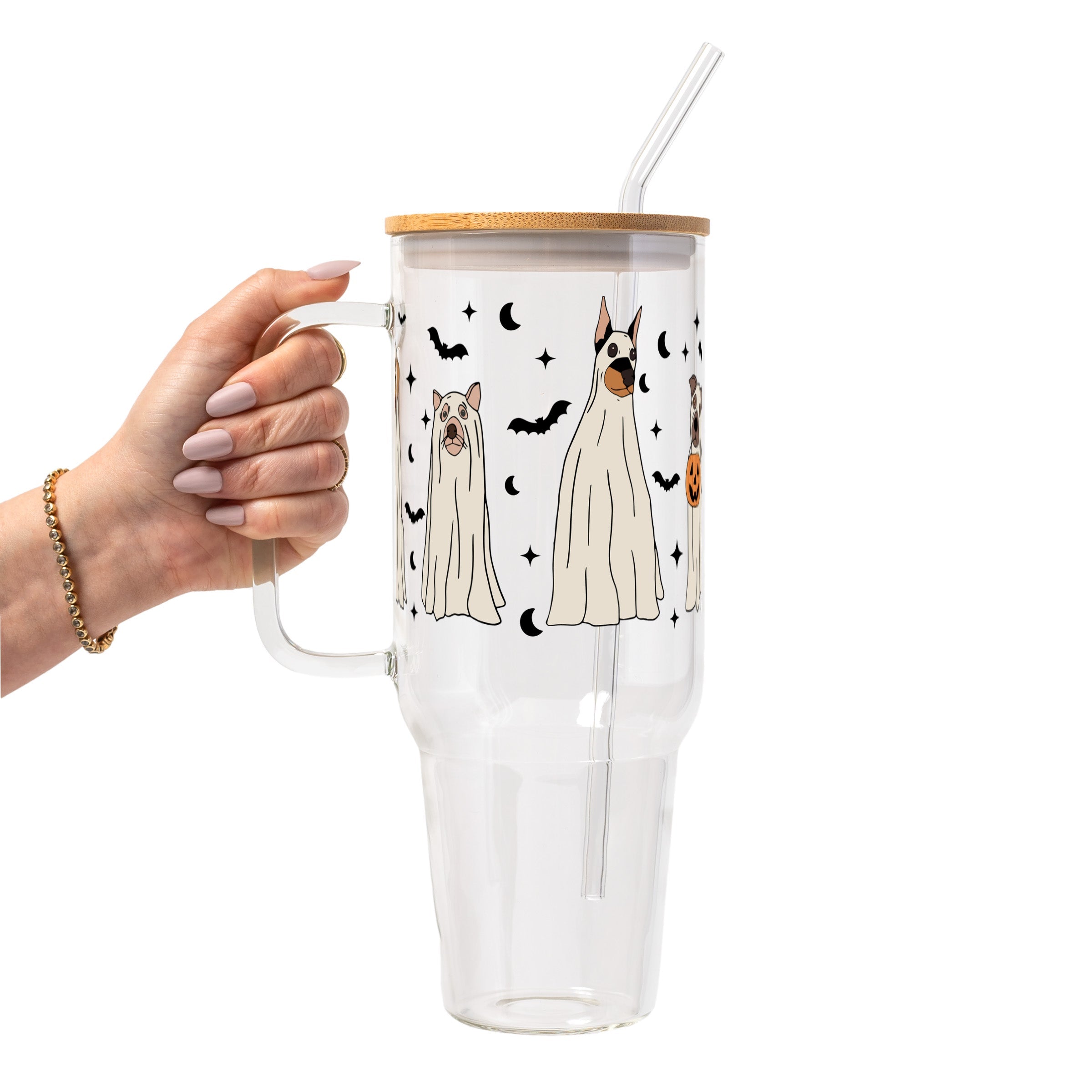 Ghost Dogs Halloween Glass Cup, Mug & Tumbler with Lid and Straw