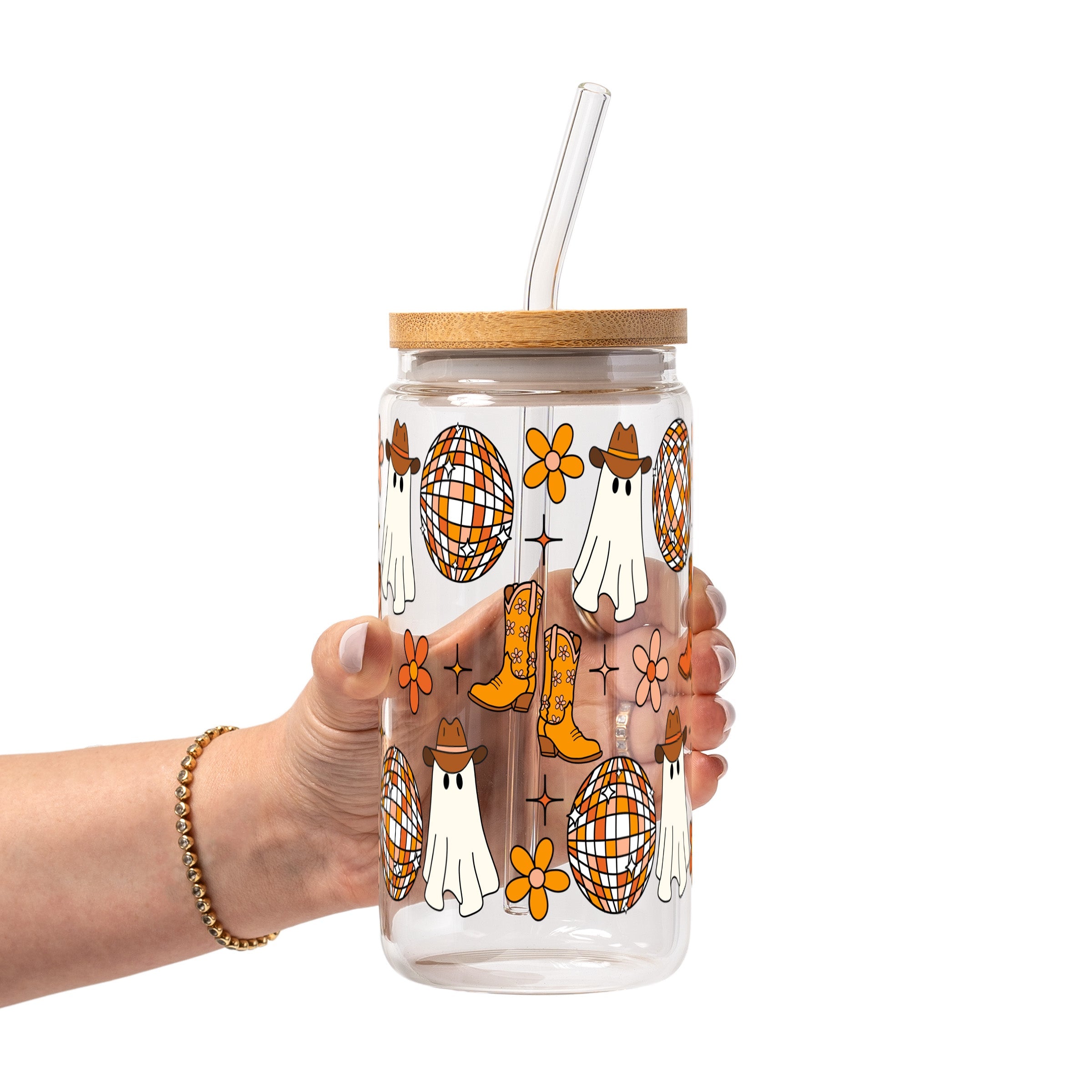 Western Disco Ghost Glass Cup, Mug & Tumbler with Lid and Straw