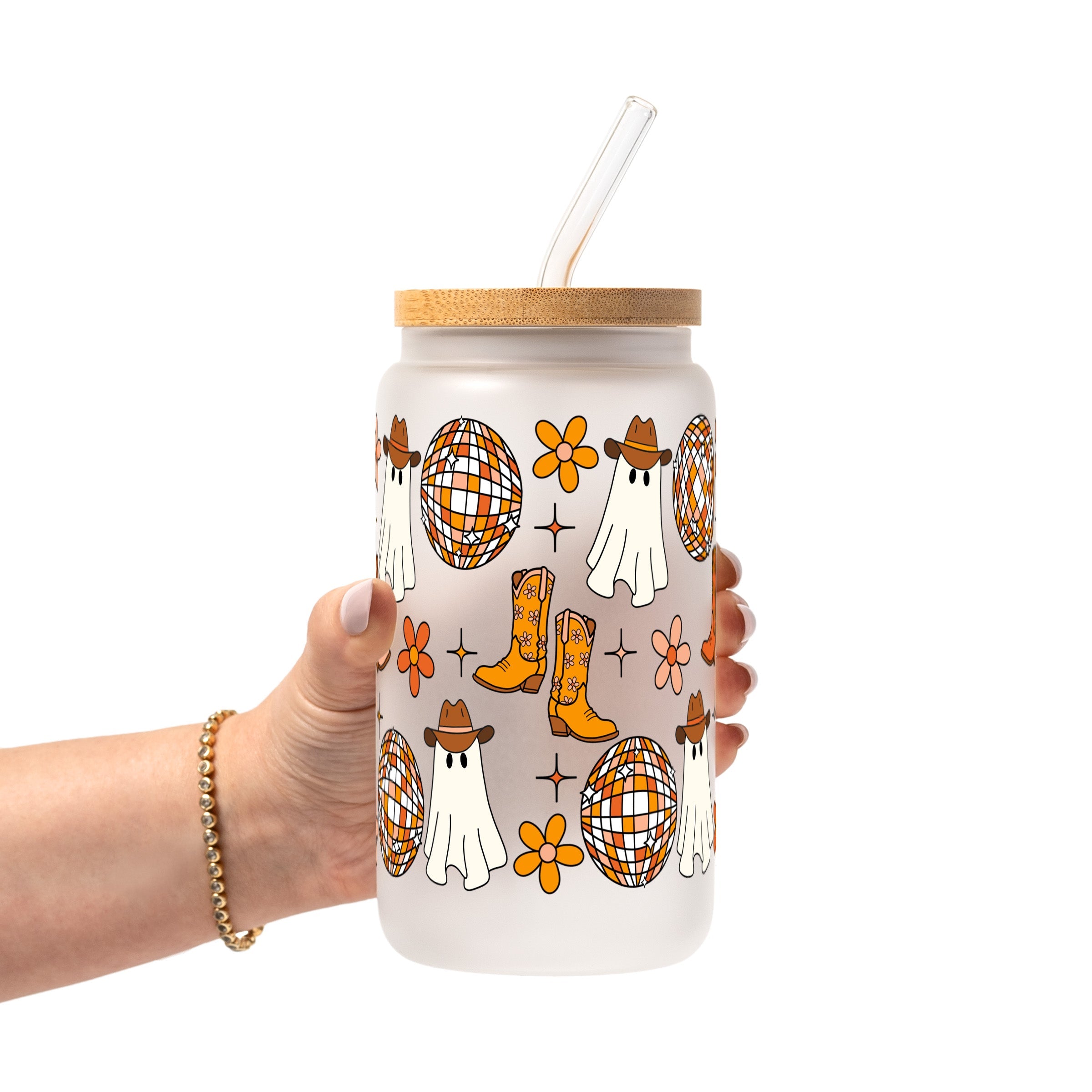 Western Disco Ghost Glass Cup, Mug & Tumbler with Lid and Straw