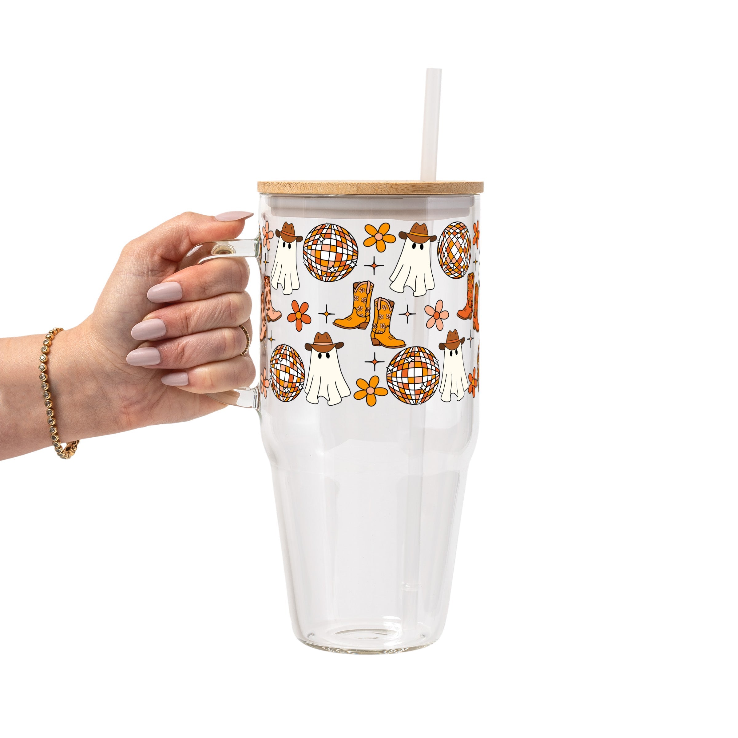 Western Disco Ghost Glass Cup, Mug & Tumbler with Lid and Straw