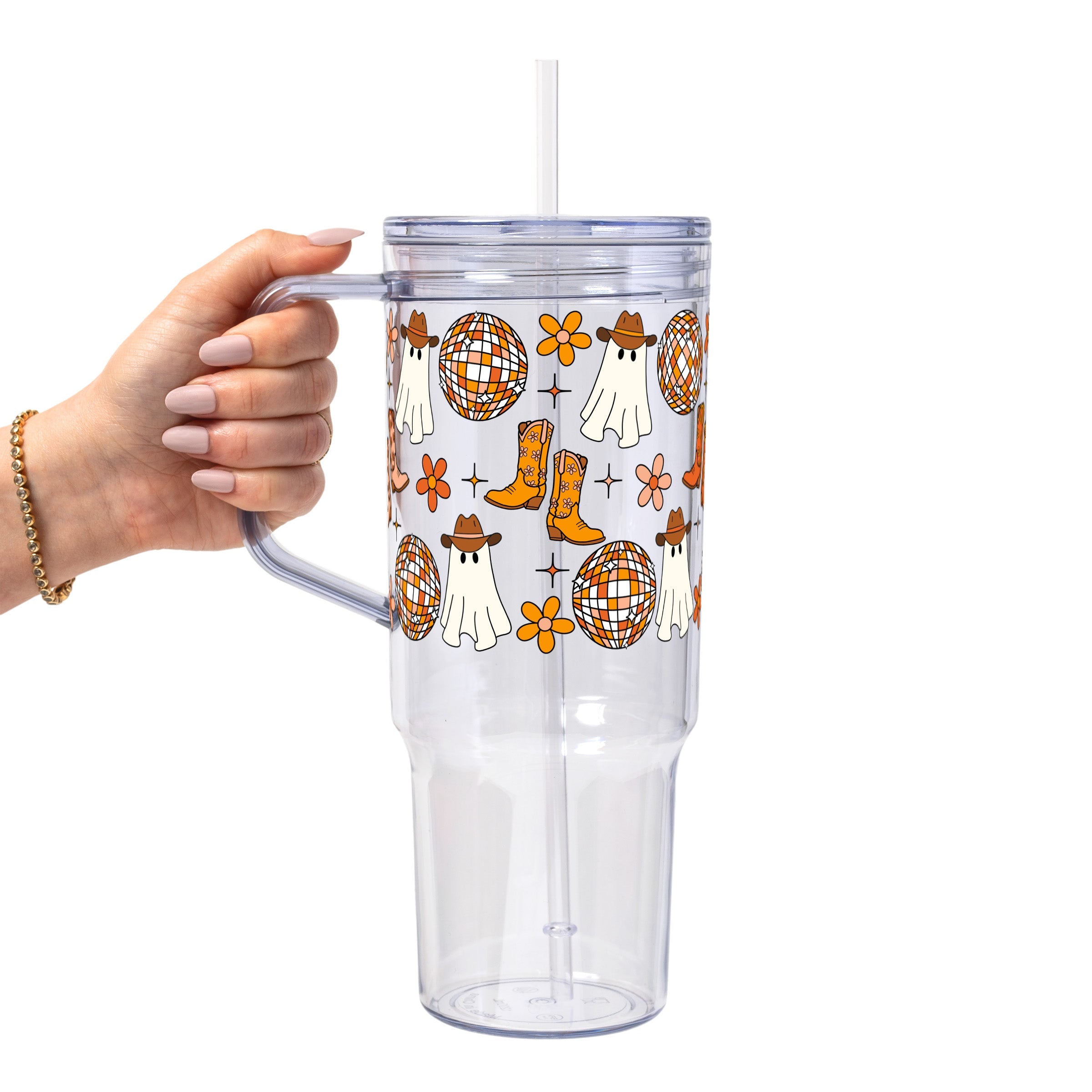 Western Disco Ghost Glass Cup, Mug & Tumbler with Lid and Straw