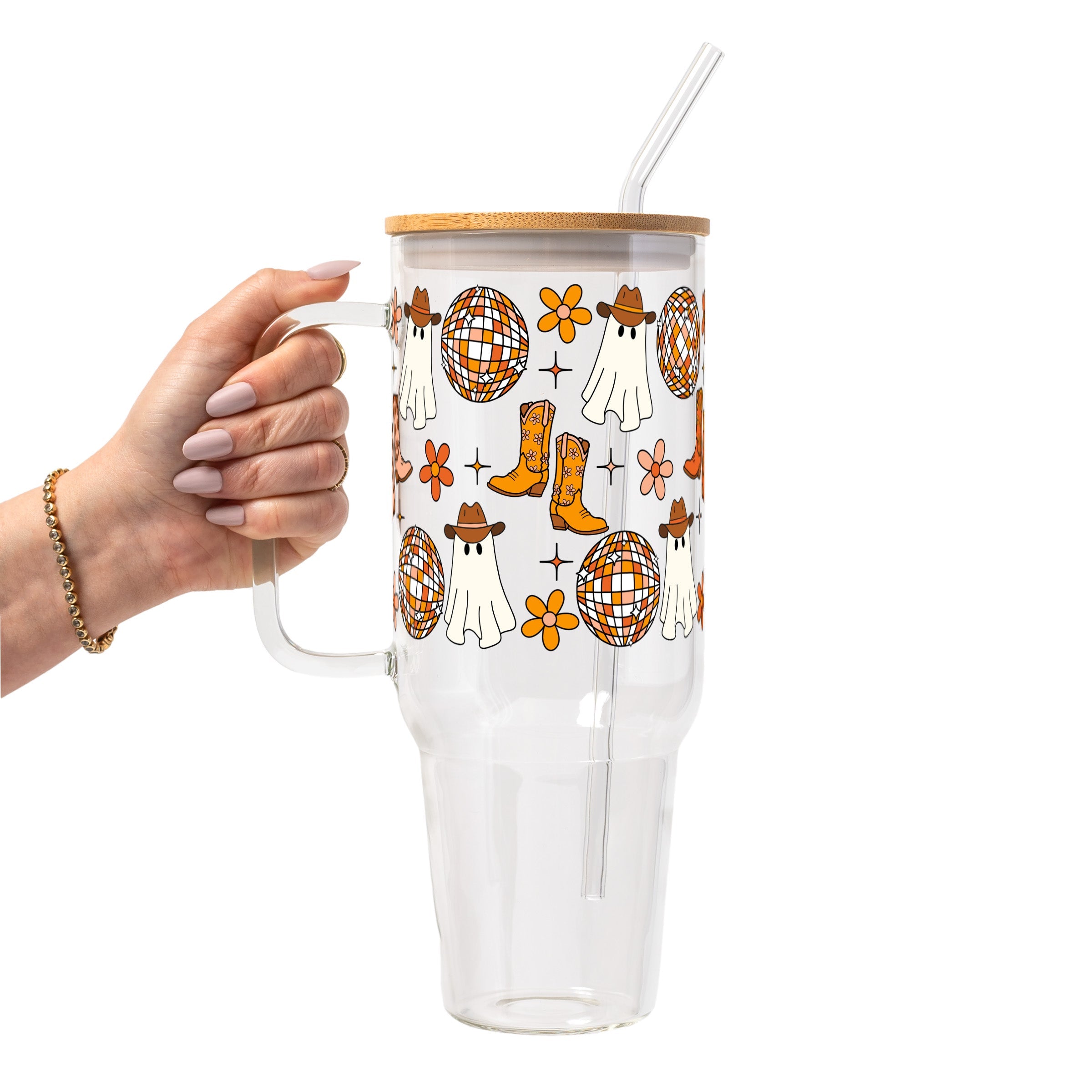 Western Disco Ghost Glass Cup, Mug & Tumbler with Lid and Straw