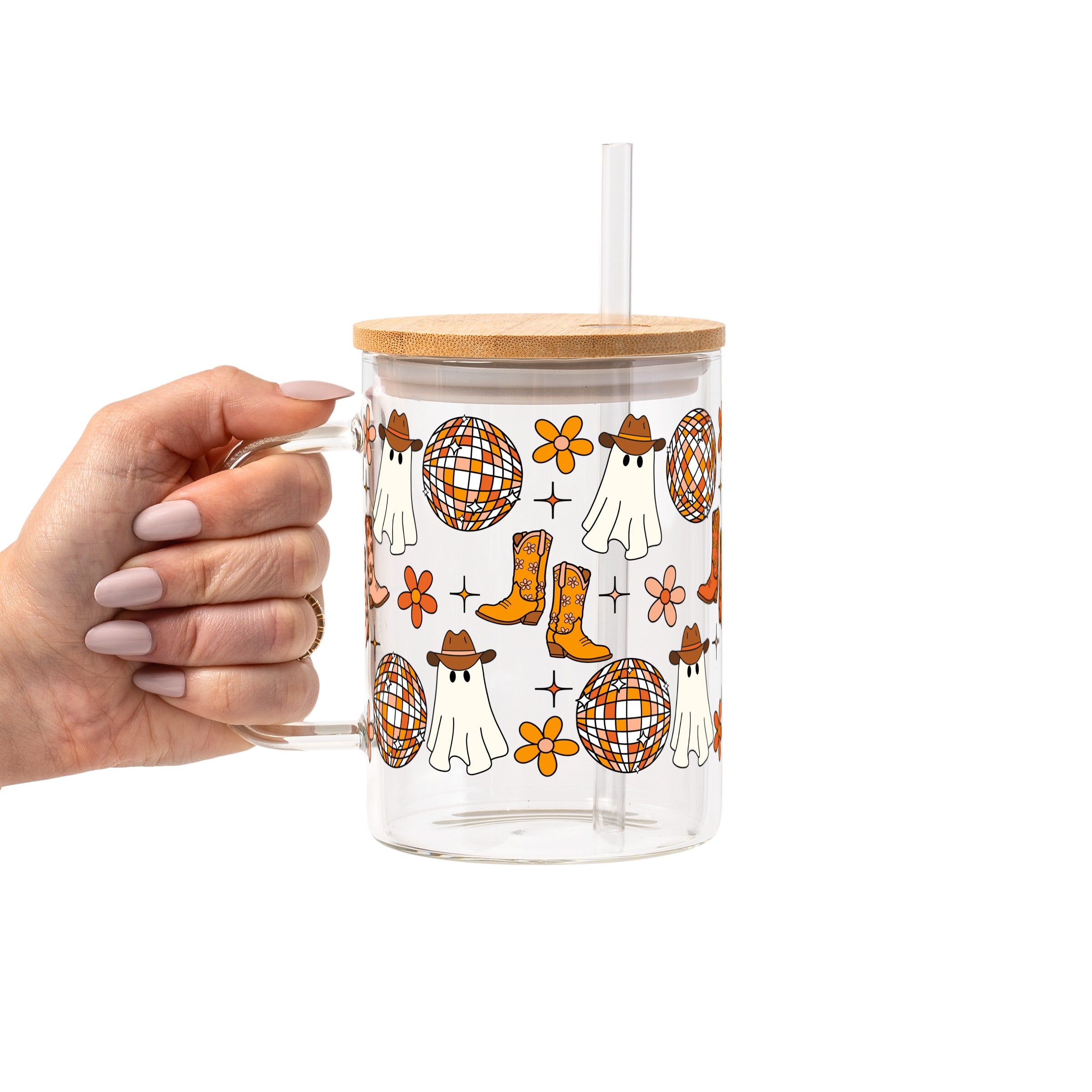 Western Disco Ghost Glass Cup, Mug & Tumbler with Lid and Straw