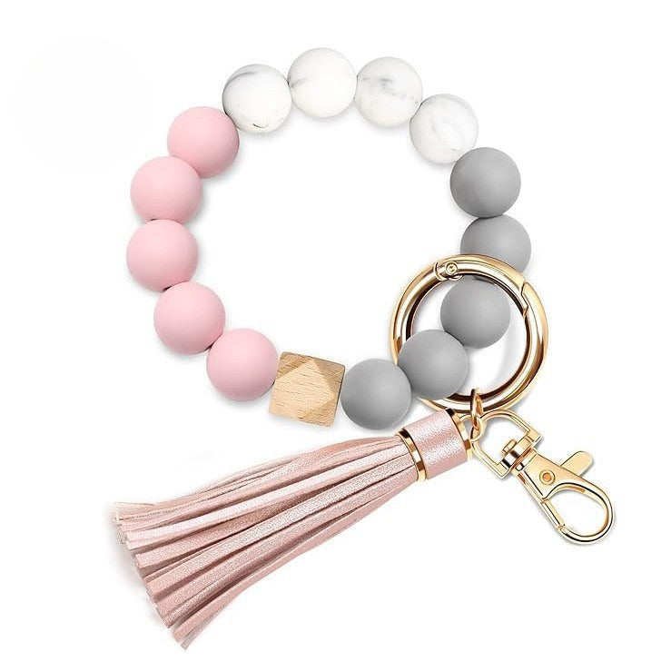 PU Tassel Keychain Bag charm Silicone Beaded Keychain Wristlet Key Ring Bracelet Cute Car Key Chain Holder for Women Girls