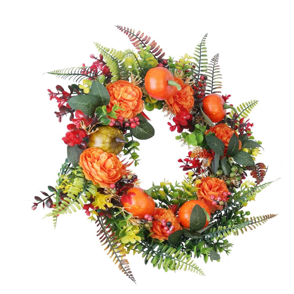 Autumn Wreath with Pumpkin Mixed Leaves Berries Flower Fall