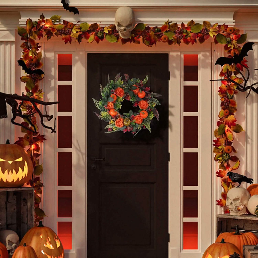 Autumn Wreath with Pumpkin Mixed Leaves Berries Flower Fall