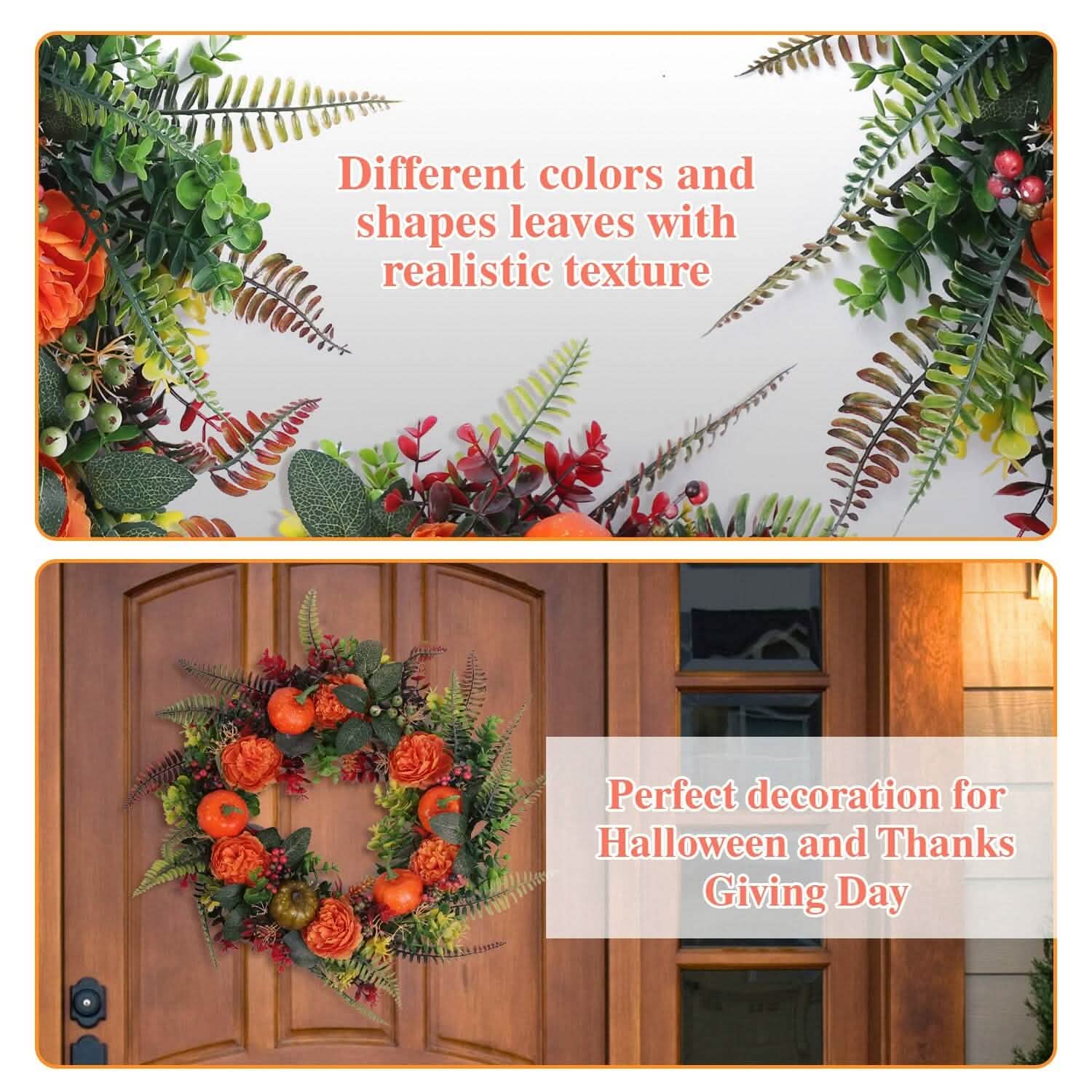 Autumn Wreath with Pumpkin Mixed Leaves Berries Flower Fall