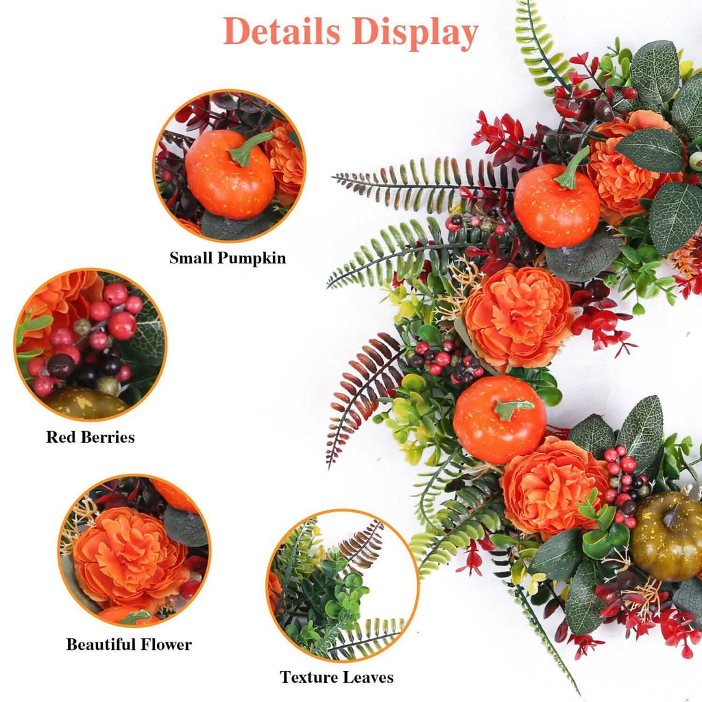 Autumn Wreath with Pumpkin Mixed Leaves Berries Flower Fall