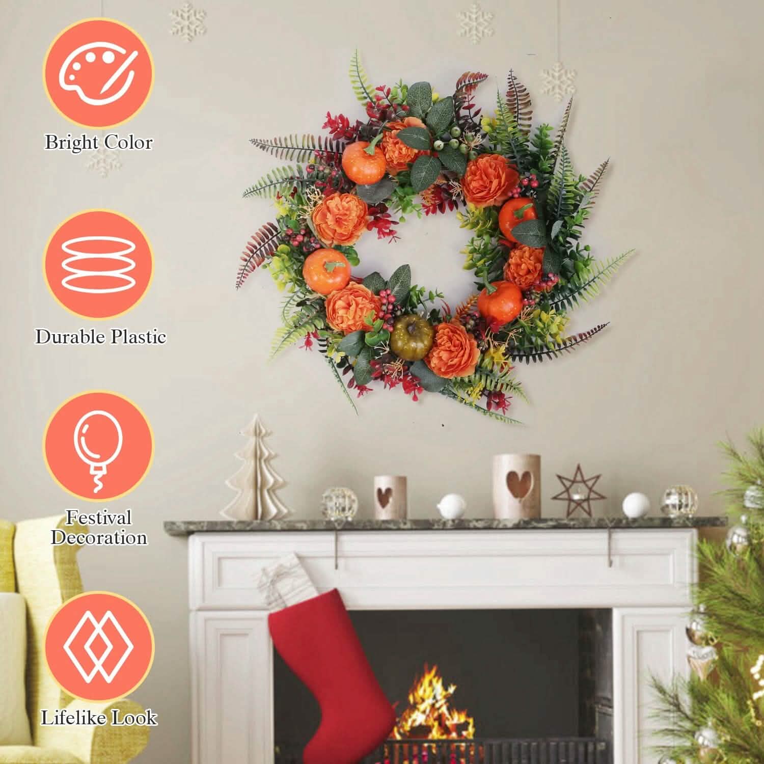 Autumn Wreath with Pumpkin Mixed Leaves Berries Flower Fall