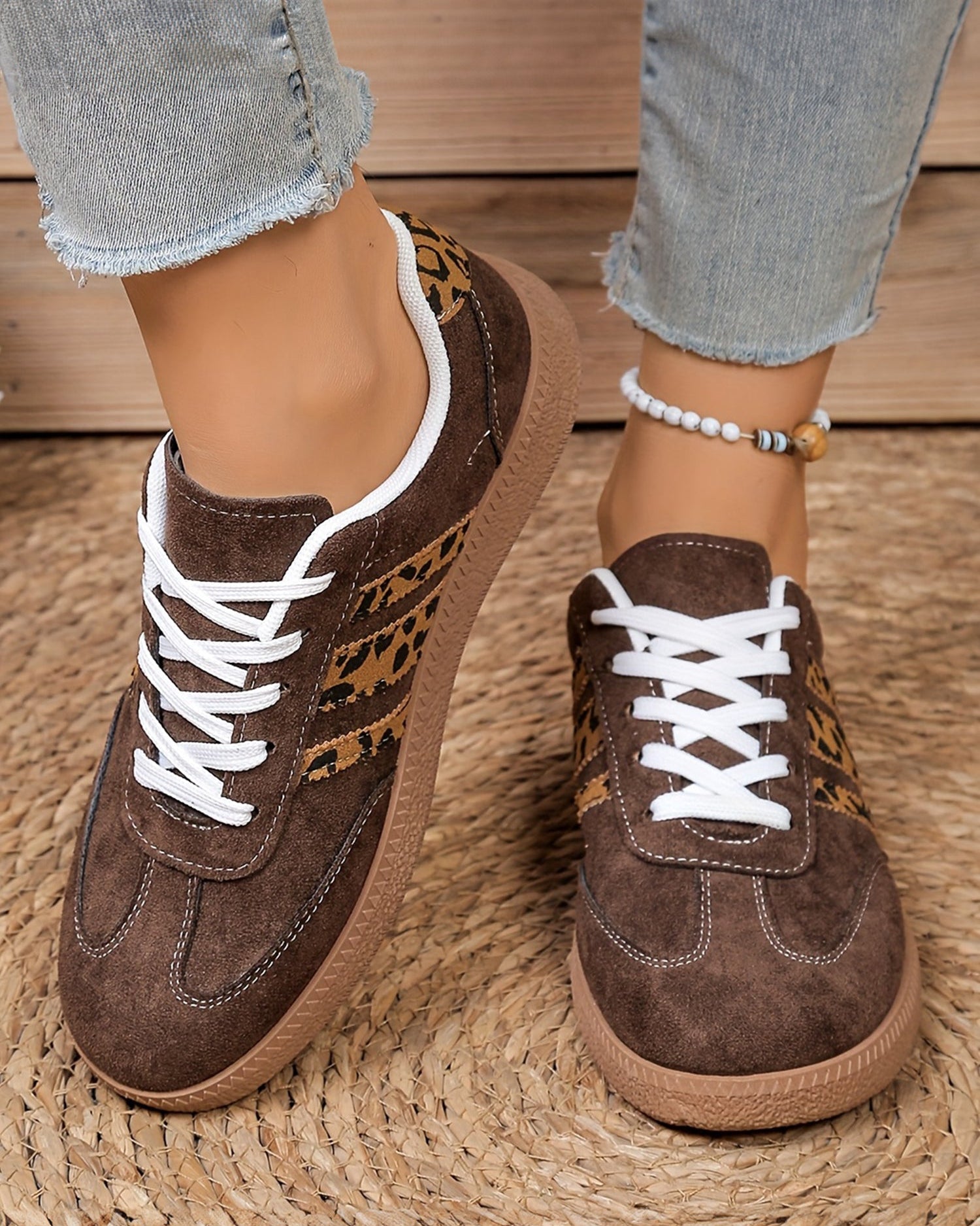 Coffee Contrast Lace-up Leopard Patchwork Detail Shoes