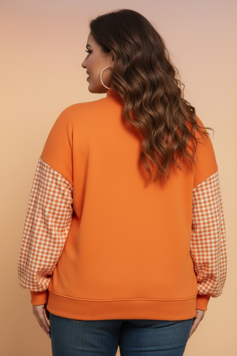 Plus Size Gingham Patchwork Long Sleeve Sweatshirt