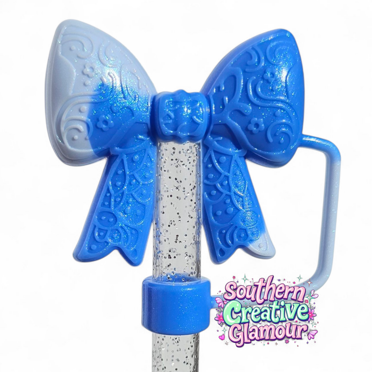 Paisley Princess Bow BOW Silicone Straw Topper | Blue Swirl Shimmer
