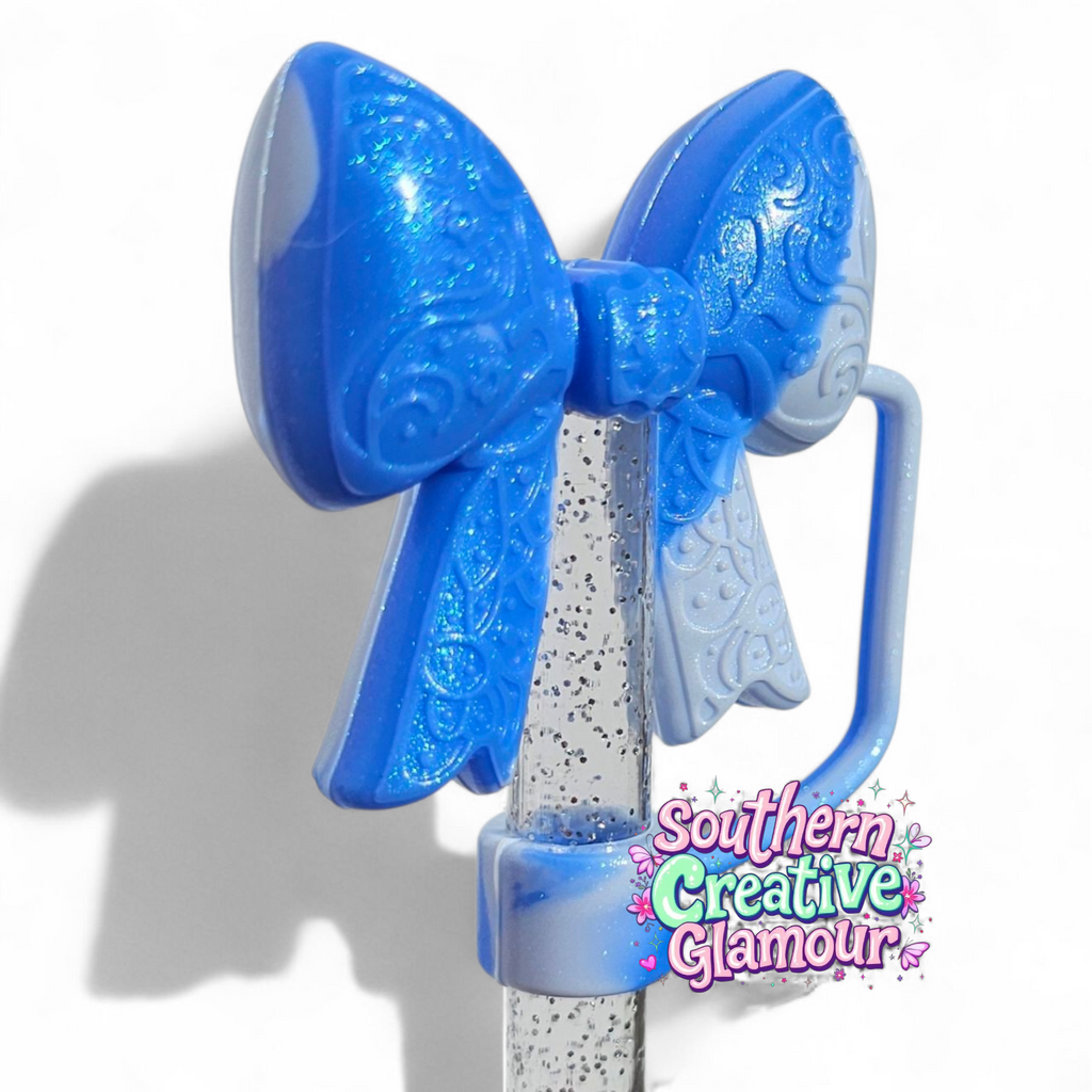 Paisley Princess Bow BOW Silicone Straw Topper | Blue Swirl Shimmer