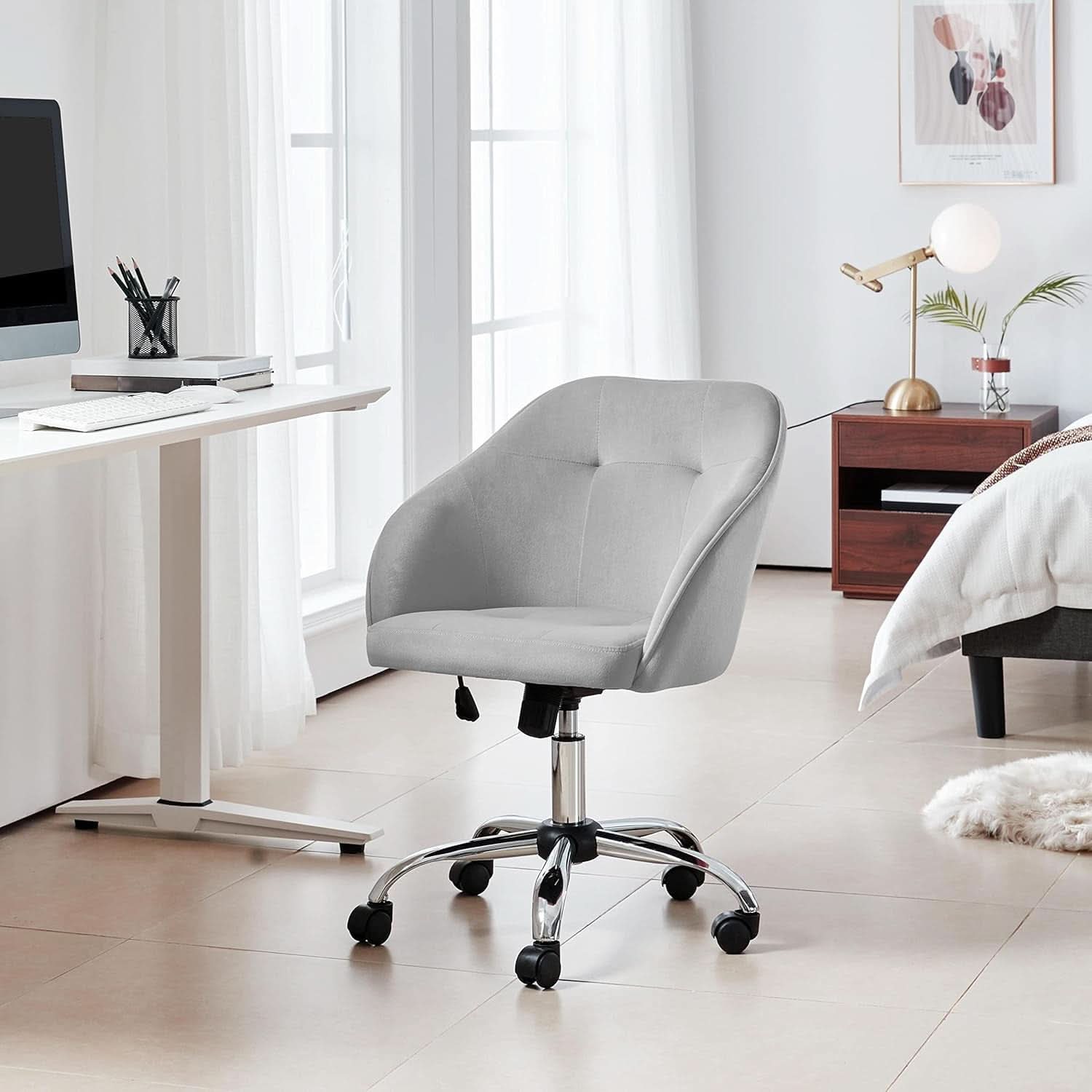 Light Gray Velvet Desk Chair With Adjustable Tilt Arm