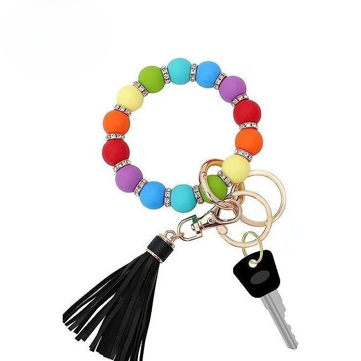 PU Tassel Keychain Women's Bag charm Silicone Beaded Keychain Wristlet Key Ring Bracelet Cute Car Key Chain Holder for Women Girls