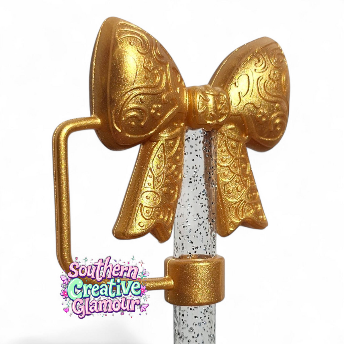 Paisley Princess 3D Bow Silicone Straw Topper | Gold Shimmer